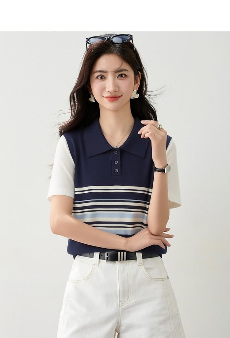 실사 있음 2026 연령 감소 달콤한 자매 POLO 칼라 반팔 배색 스트라이프 니트 맨위 2026 여름 상세 이미지 3