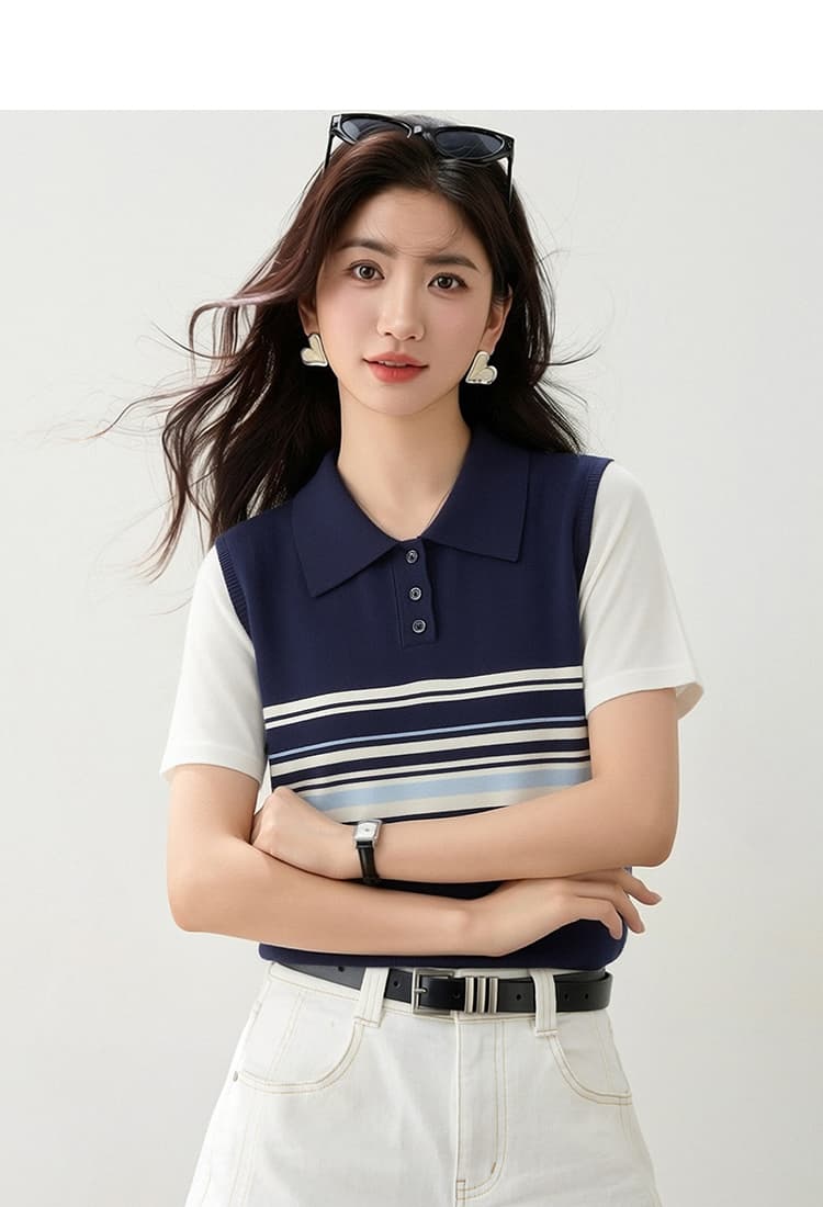실사 있음 2026 연령 감소 달콤한 자매 POLO 칼라 반팔 배색 스트라이프 니트 맨위 2026 여름 상세 이미지 4