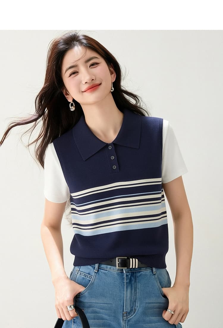 실사 있음 2026 연령 감소 달콤한 자매 POLO 칼라 반팔 배색 스트라이프 니트 맨위 2026 여름 상세 이미지 5