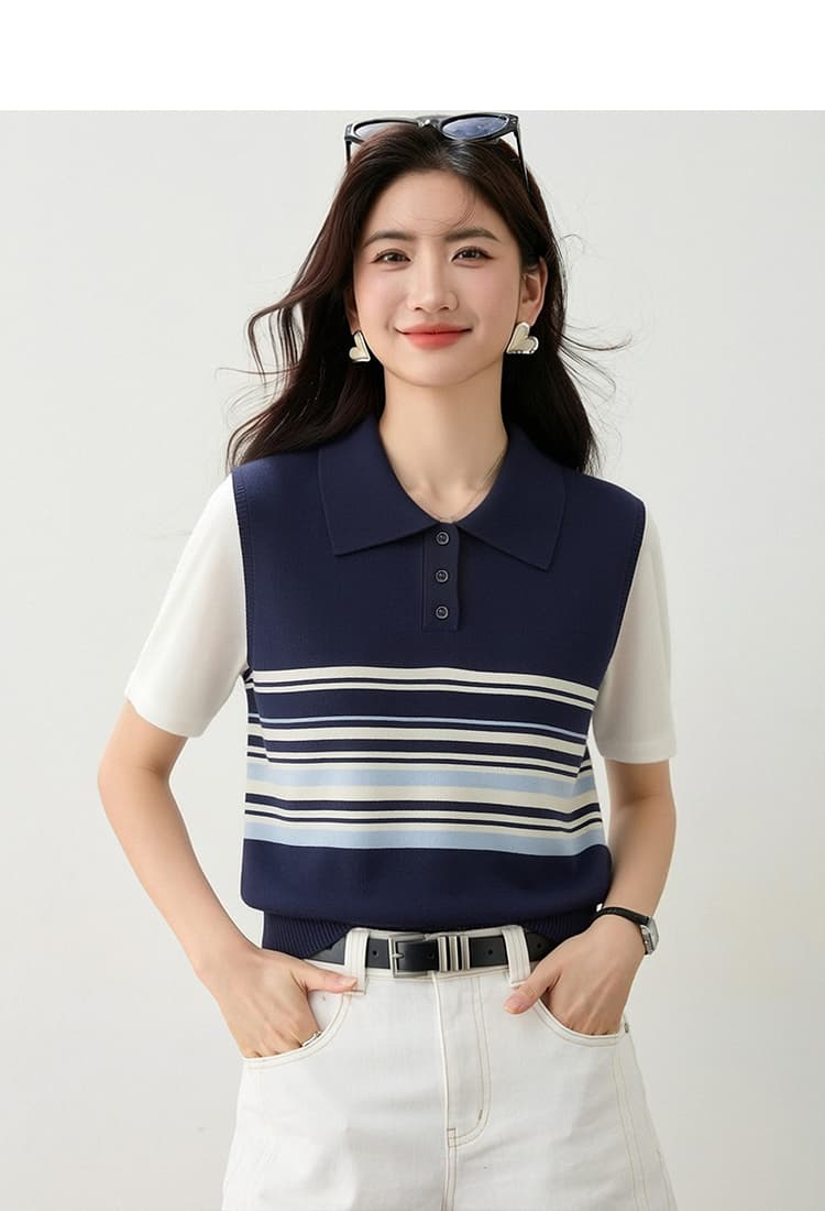 실사 있음 2026 연령 감소 달콤한 자매 POLO 칼라 반팔 배색 스트라이프 니트 맨위 2026 여름 상세 이미지 6