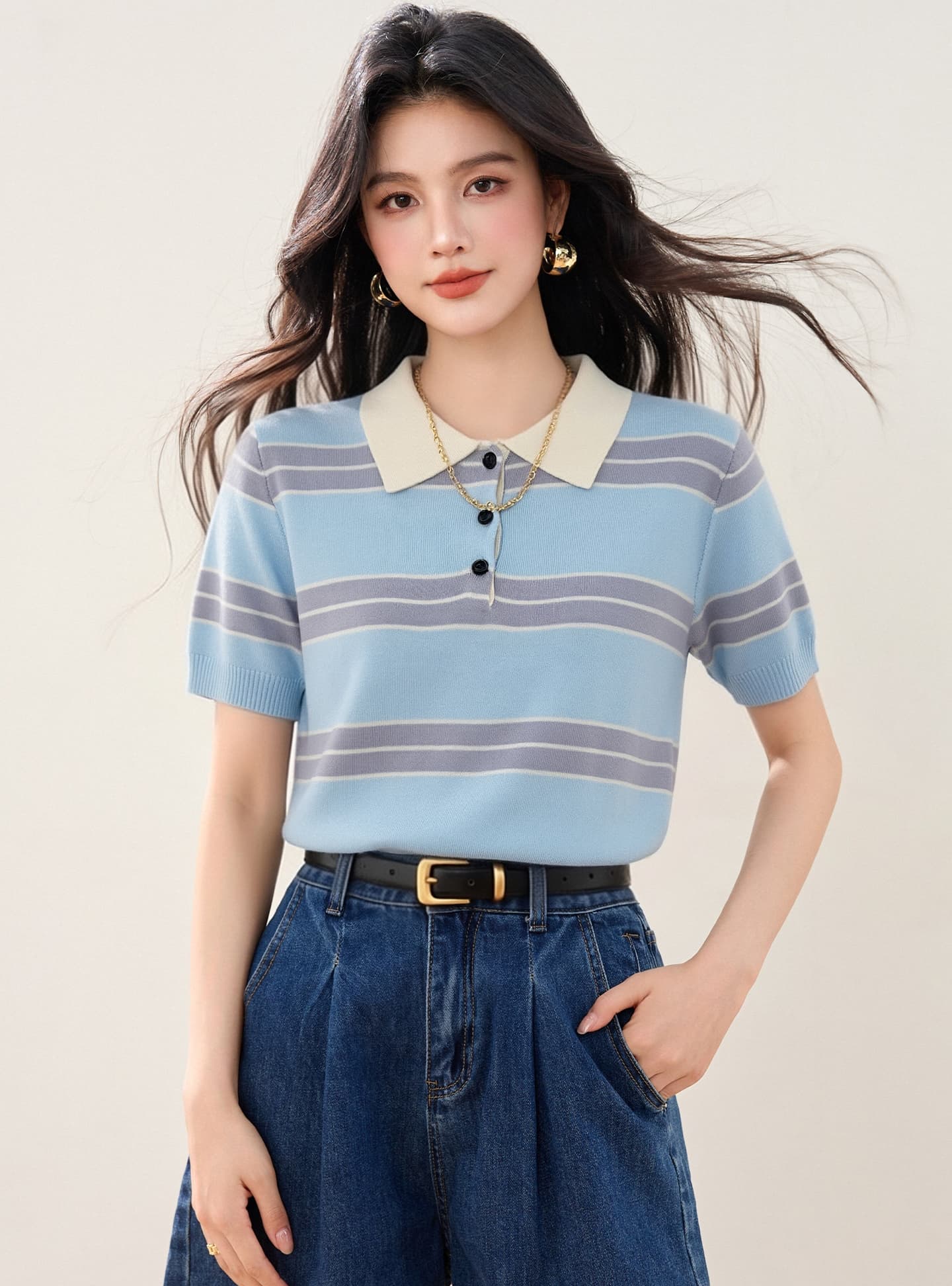 실사 있음 2026 한 부서 학원 스타일 배색 스트라이프 POLO 칼라 니트 티셔츠 여성 여름 새로운 맨위 이미지 3