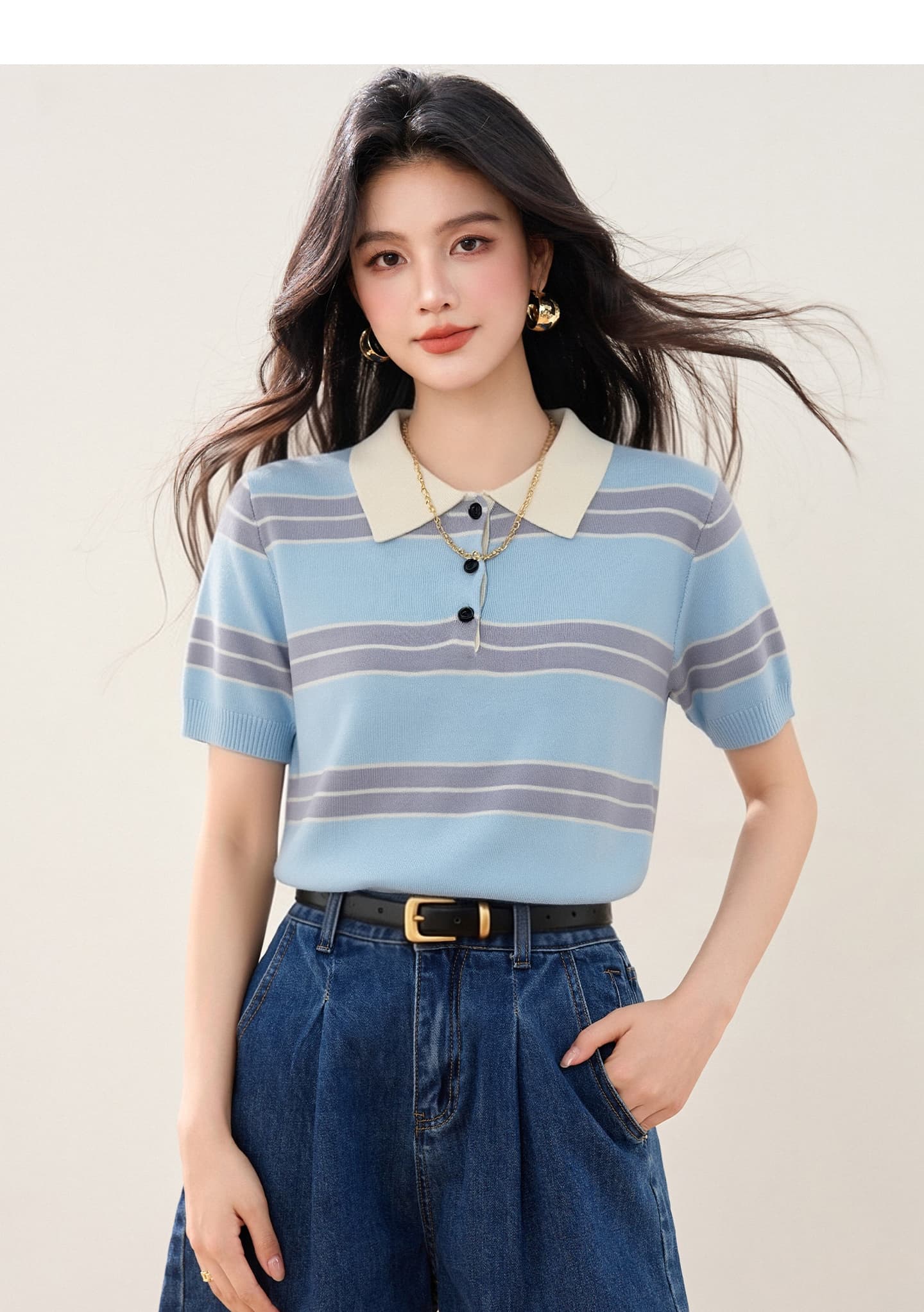 실사 있음 2026 한 부서 학원 스타일 배색 스트라이프 POLO 칼라 니트 티셔츠 여성 여름 새로운 맨위 상세 이미지 3
