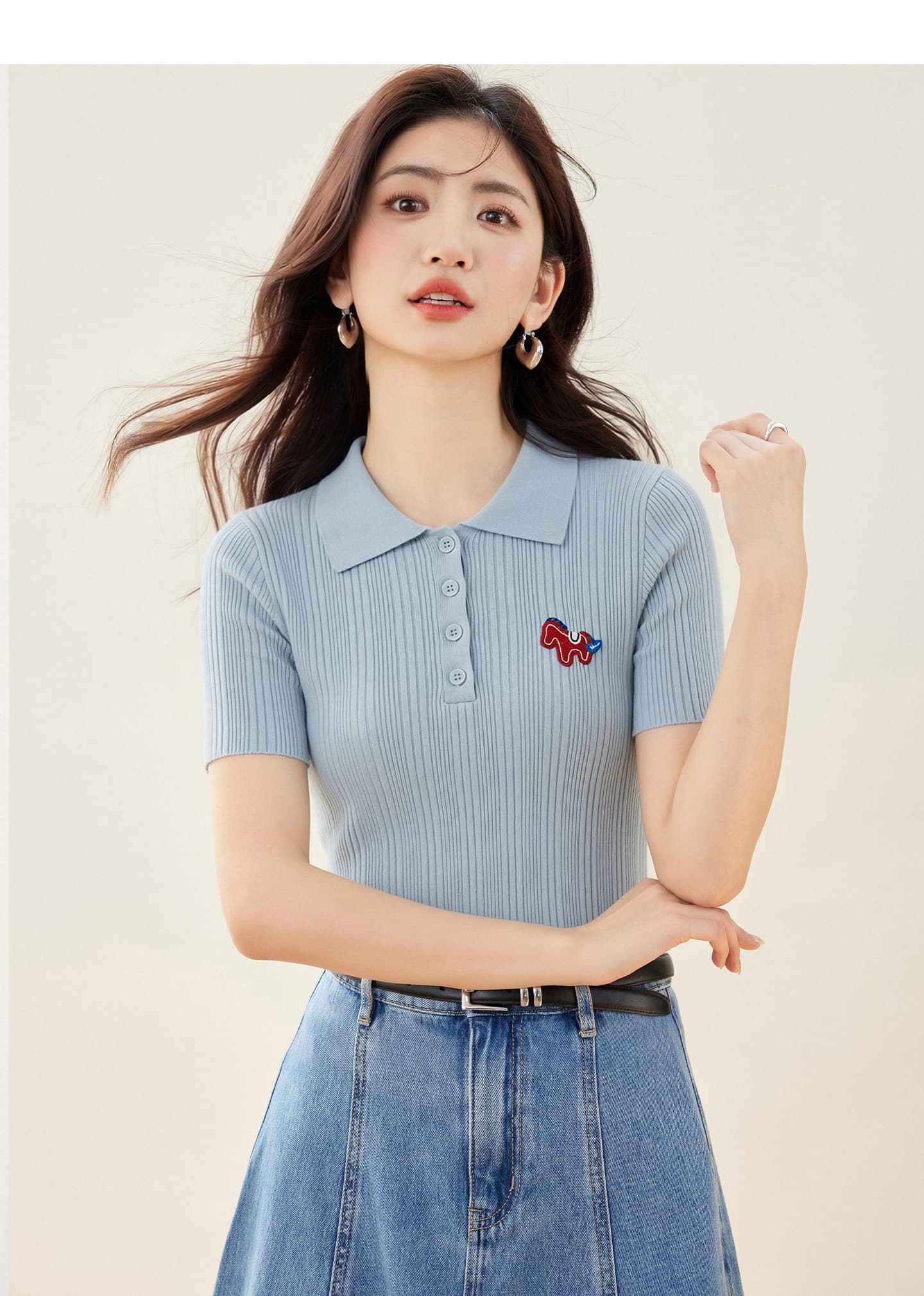 실사 있음 2026 작은 말 자수 POLO 칼라 긍정적 인 어깨 반팔 니트 스웨터 여성 품격 연령 감소 몸매 가꾸기 맨위 상세 이미지 3