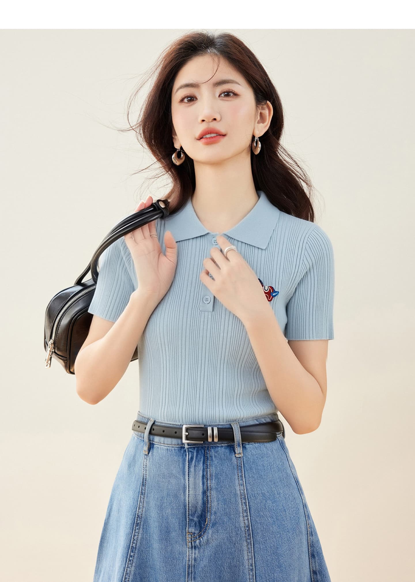 실사 있음 2026 작은 말 자수 POLO 칼라 긍정적 인 어깨 반팔 니트 스웨터 여성 품격 연령 감소 몸매 가꾸기 맨위 상세 이미지 4