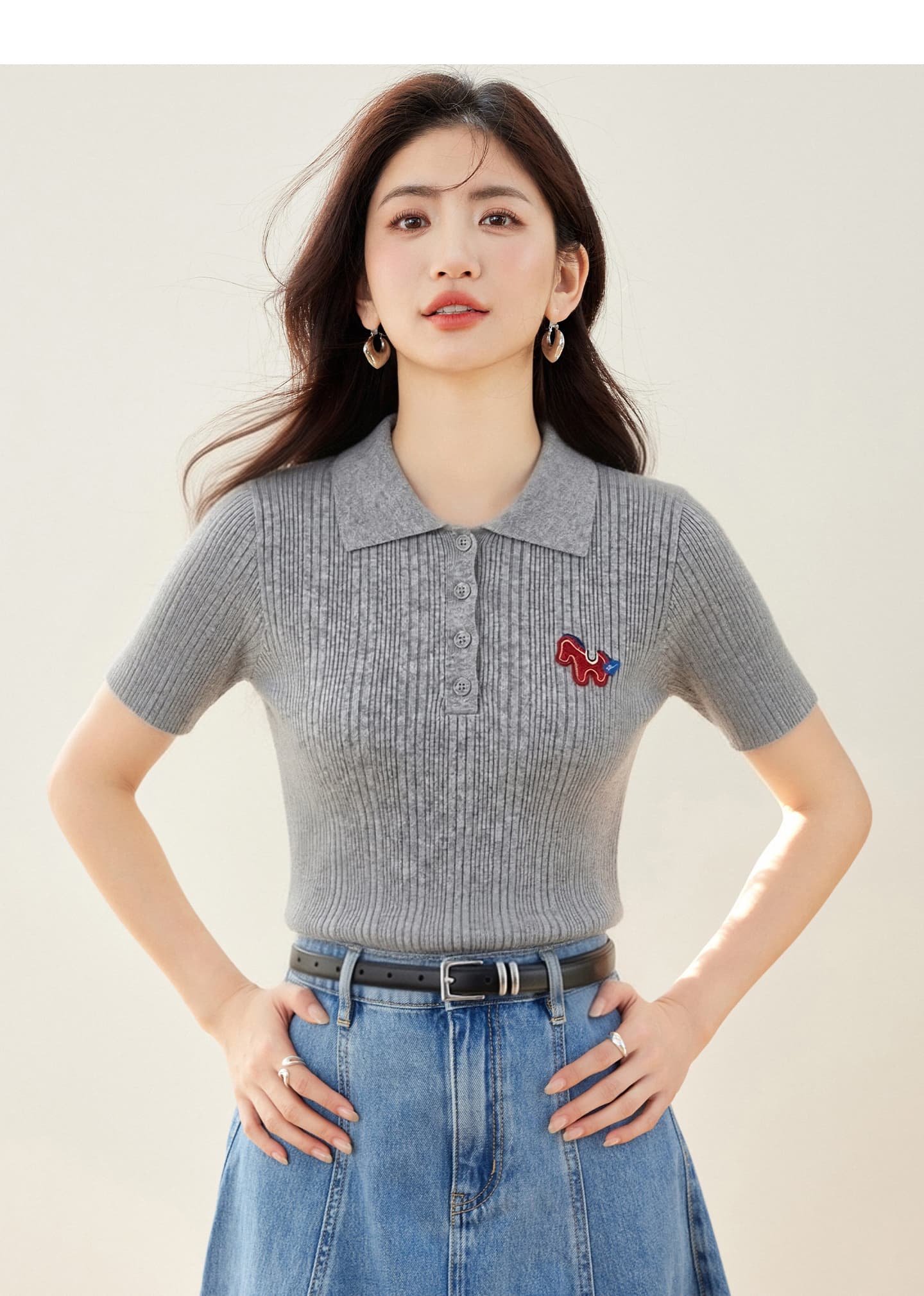 실사 있음 2026 작은 말 자수 POLO 칼라 긍정적 인 어깨 반팔 니트 스웨터 여성 품격 연령 감소 몸매 가꾸기 맨위 상세 이미지 7