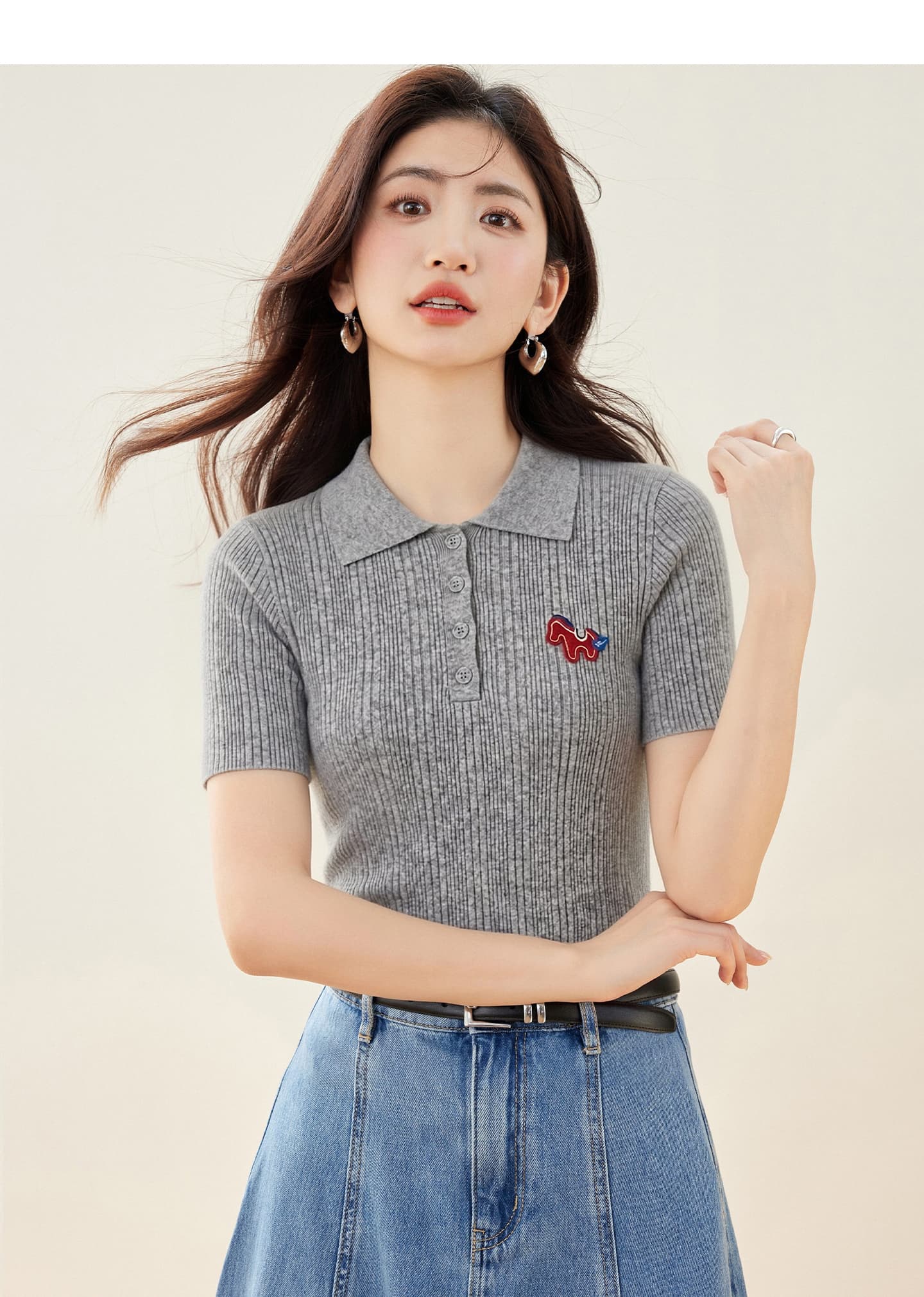 실사 있음 2026 작은 말 자수 POLO 칼라 긍정적 인 어깨 반팔 니트 스웨터 여성 품격 연령 감소 몸매 가꾸기 맨위 상세 이미지 8