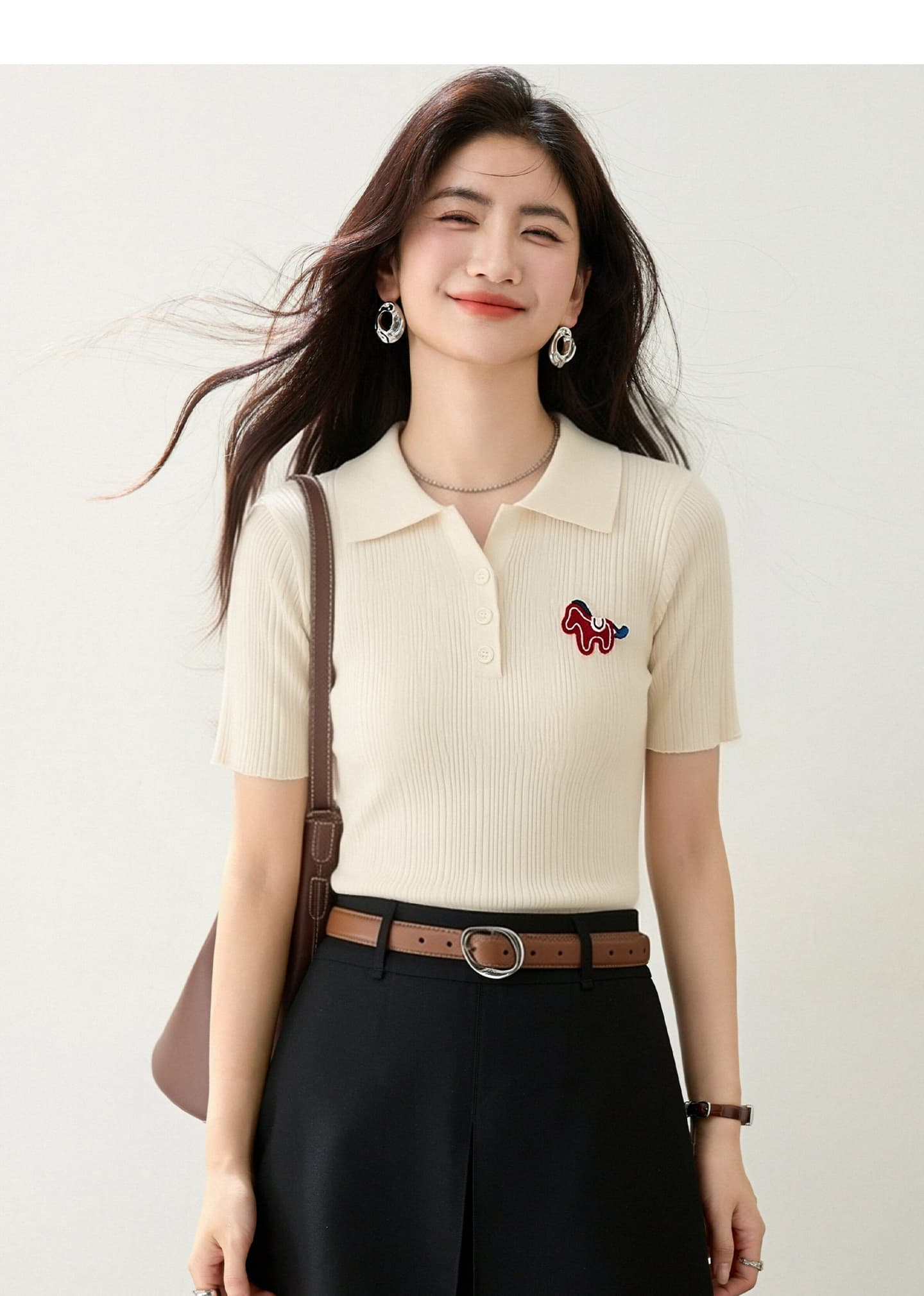 실사 있음 2026 작은 말 자수 POLO 칼라 긍정적 인 어깨 반팔 니트 스웨터 여성 품격 연령 감소 몸매 가꾸기 맨위 상세 이미지 10