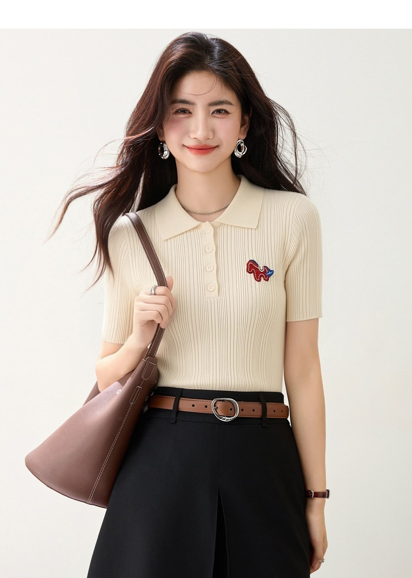 실사 있음 2026 작은 말 자수 POLO 칼라 긍정적 인 어깨 반팔 니트 스웨터 여성 품격 연령 감소 몸매 가꾸기 맨위 상세 이미지 12