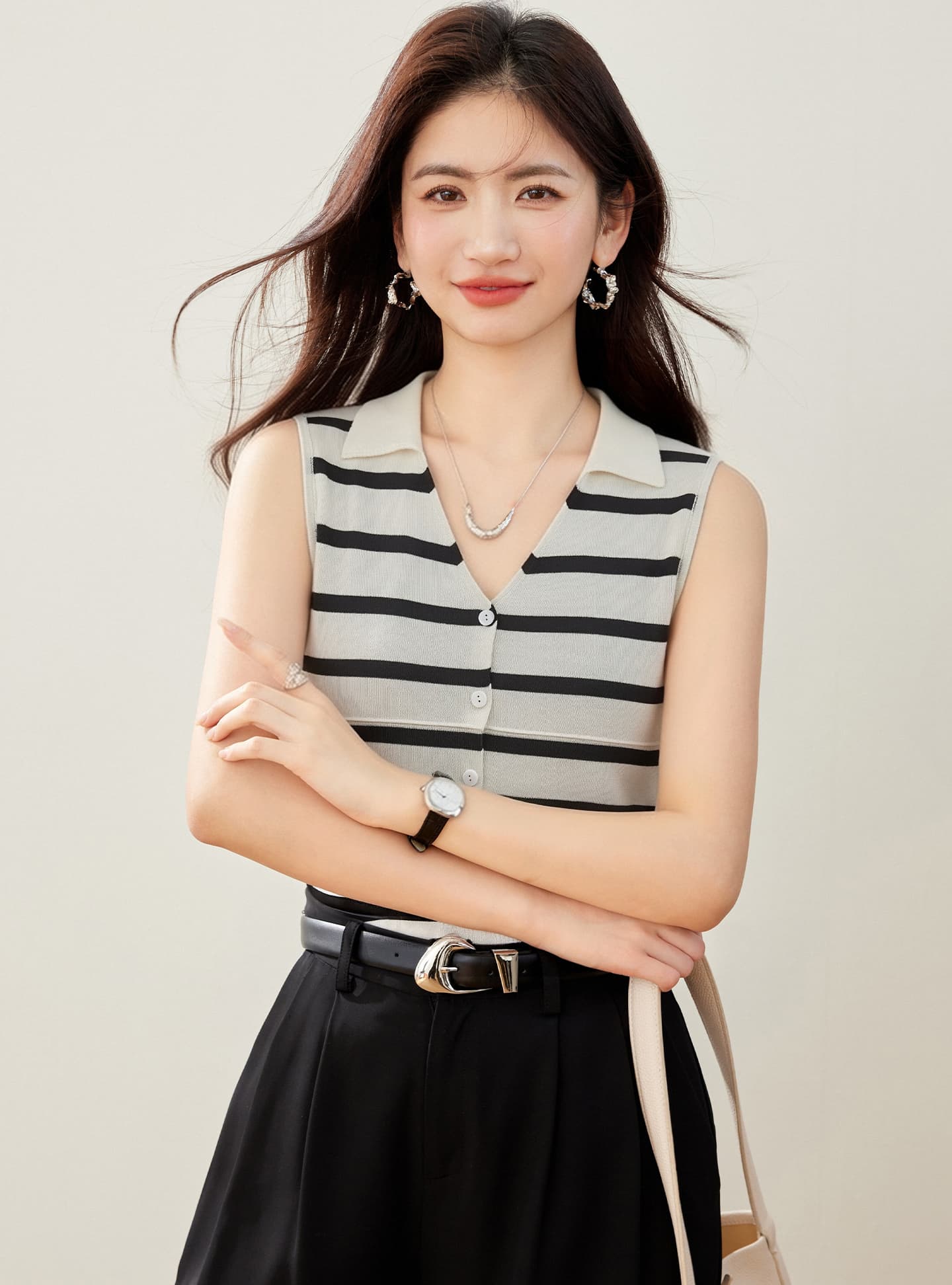 실사 있음 2026 프랑스식 레트로 스트라이프 배색 POLO 칼라 조끼 여성 디자인 센스 몸매 가꾸기 다용도 맨위 이미지 3