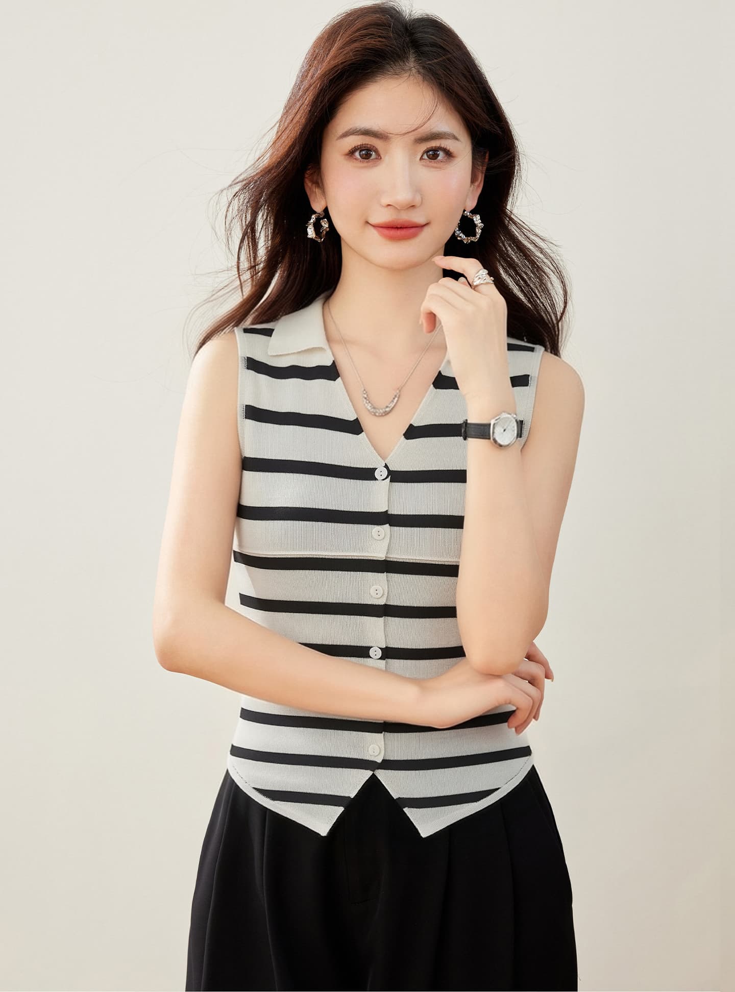 실사 있음 2026 프랑스식 레트로 스트라이프 배색 POLO 칼라 조끼 여성 디자인 센스 몸매 가꾸기 다용도 맨위 이미지 2
