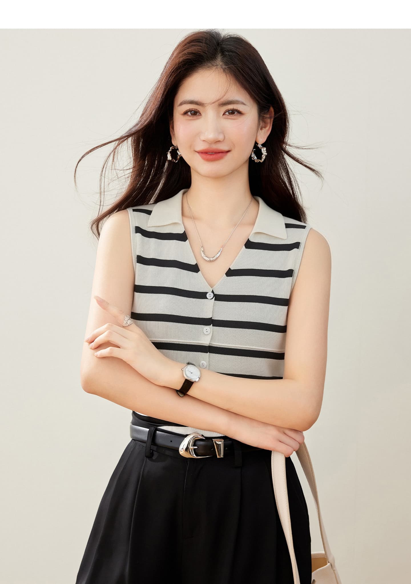 실사 있음 2026 프랑스식 레트로 스트라이프 배색 POLO 칼라 조끼 여성 디자인 센스 몸매 가꾸기 다용도 맨위 상세 이미지 4