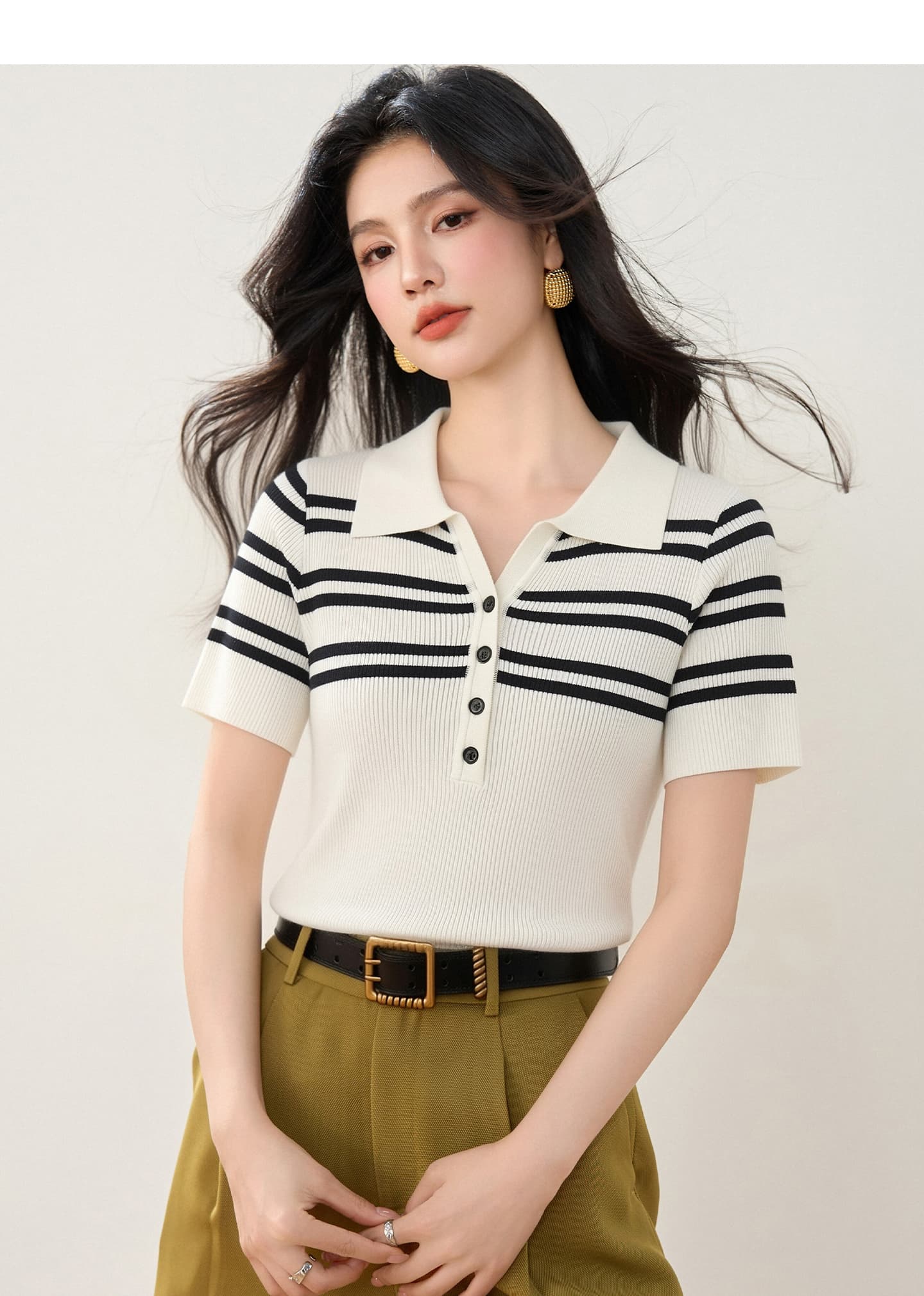 실사 있음 2026 배색 스트라이프 POLO 칼라 티셔츠 여성용 짧은 소매 니트 스웨터 레트로 한 고정 몸 의류 상세 이미지 8