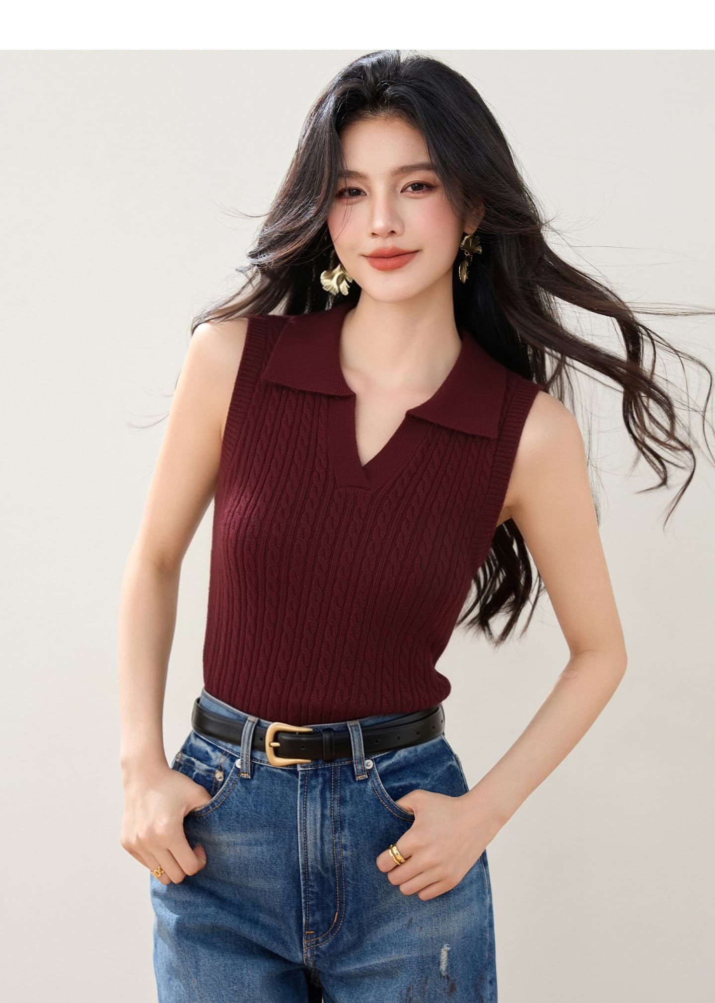 실사 있음 2026 여름 polo 폴로 칼라 트위스트 꽃 디자인 미니멀리즘 다용도 민소매 니트 맨위 조끼 상세 이미지 5
