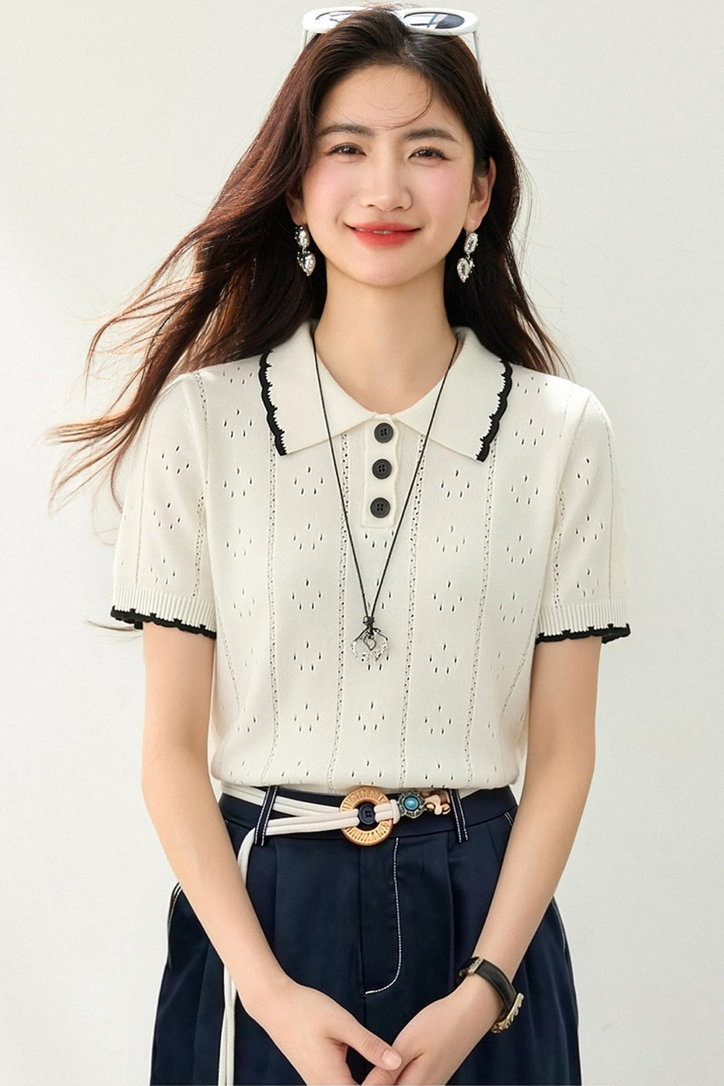 실사 있음 2026 한 부서 POLO 칼라 긍정적 인 어깨 반팔 티셔츠 여성 여름 얇은 스타일 외국 가스 연령 감소 쇼트 스타일 맨위 이미지 5