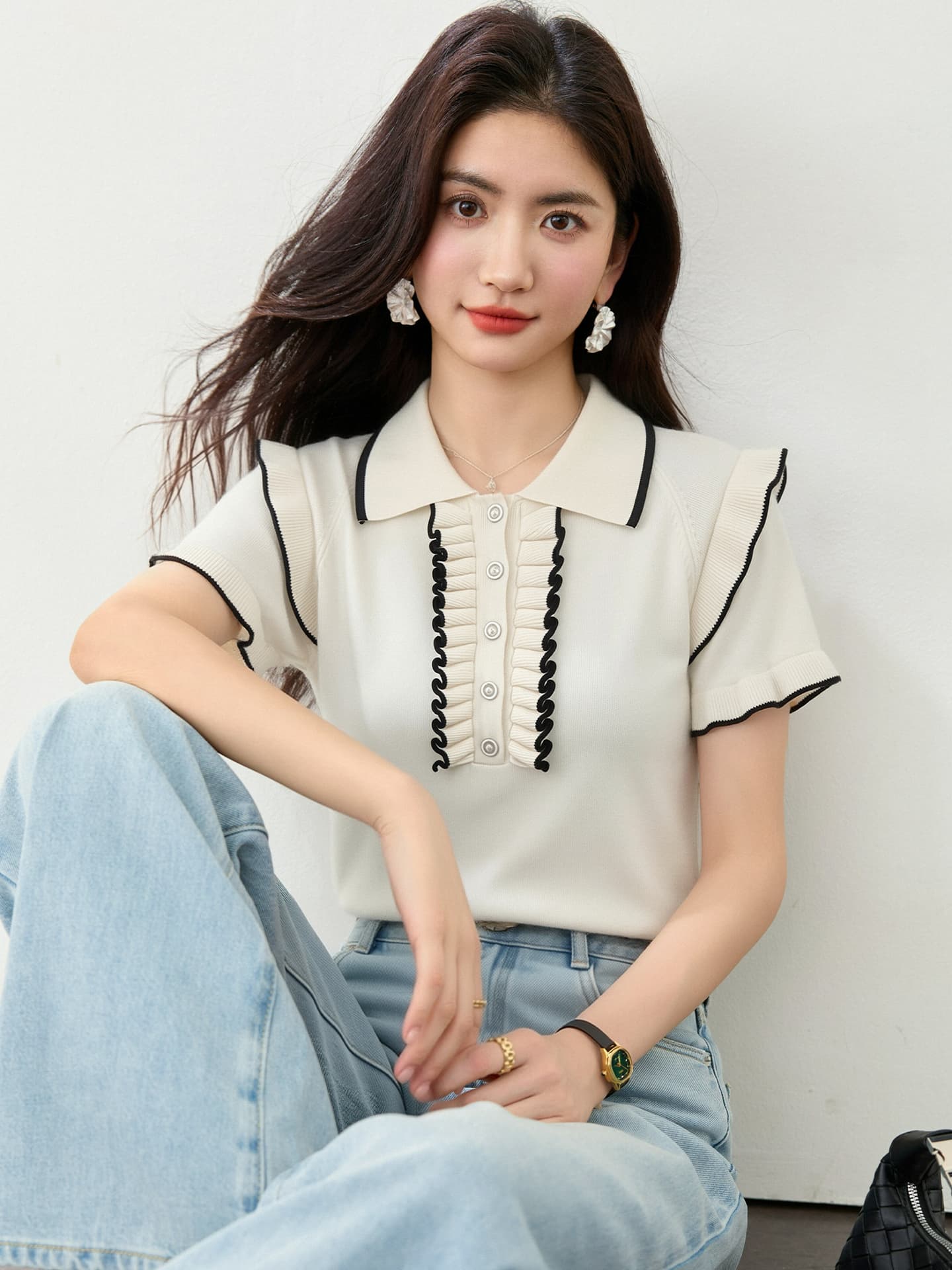 2026 프랑스식 부드러운 품격 작은 샤넬 스타일 POLO 칼라 니트 스웨터 여성 여름 새로운 패션 줄무늬 레이스 맨위 이미지 5