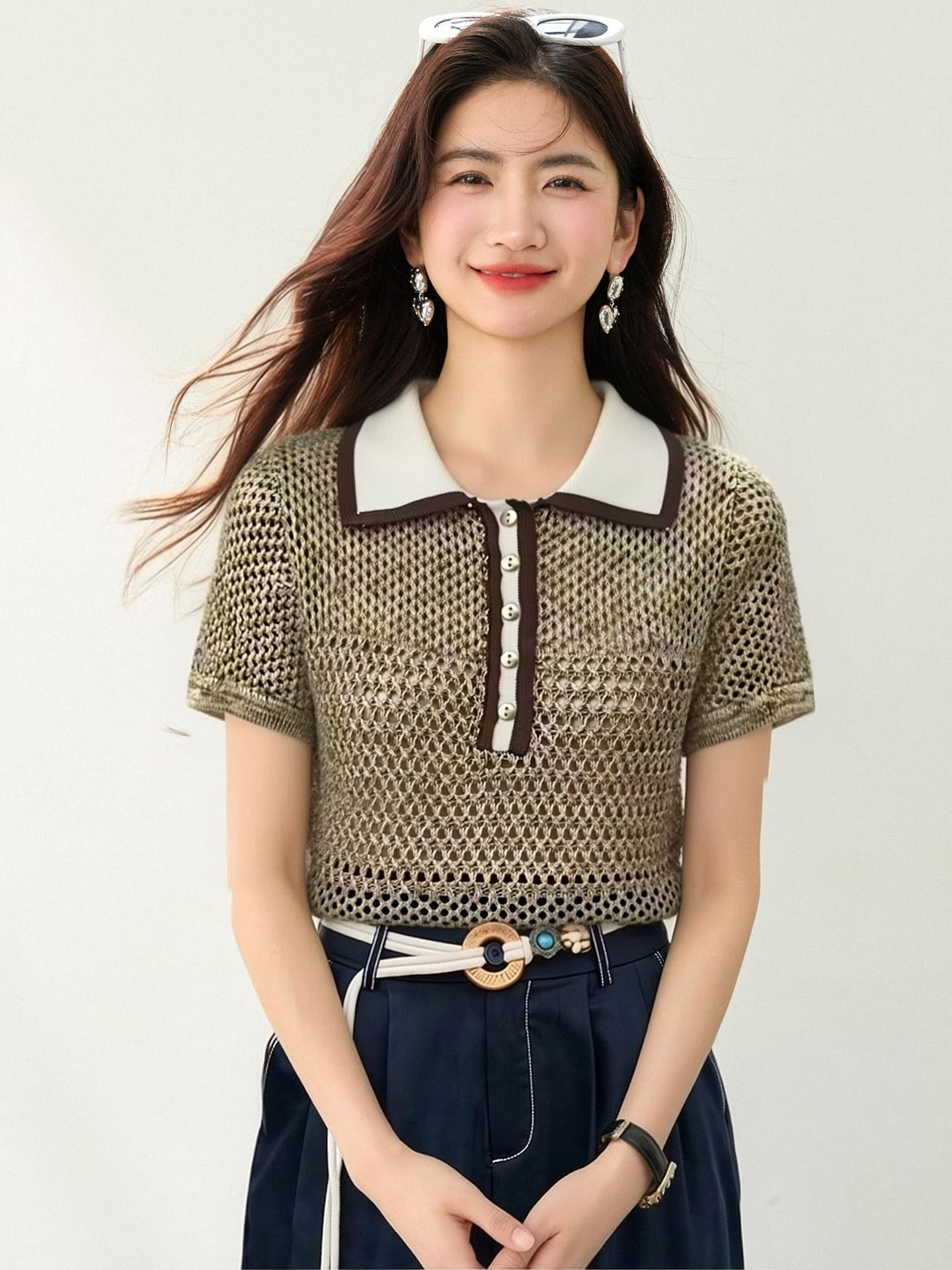 실사 있음 2026 오래된 돈 바람 레트로 배색 POLO 칼라 반팔 여성 품격 슬림해 보이는 몸매 가꾸기 홀로우 아웃 맨위 이미지 3