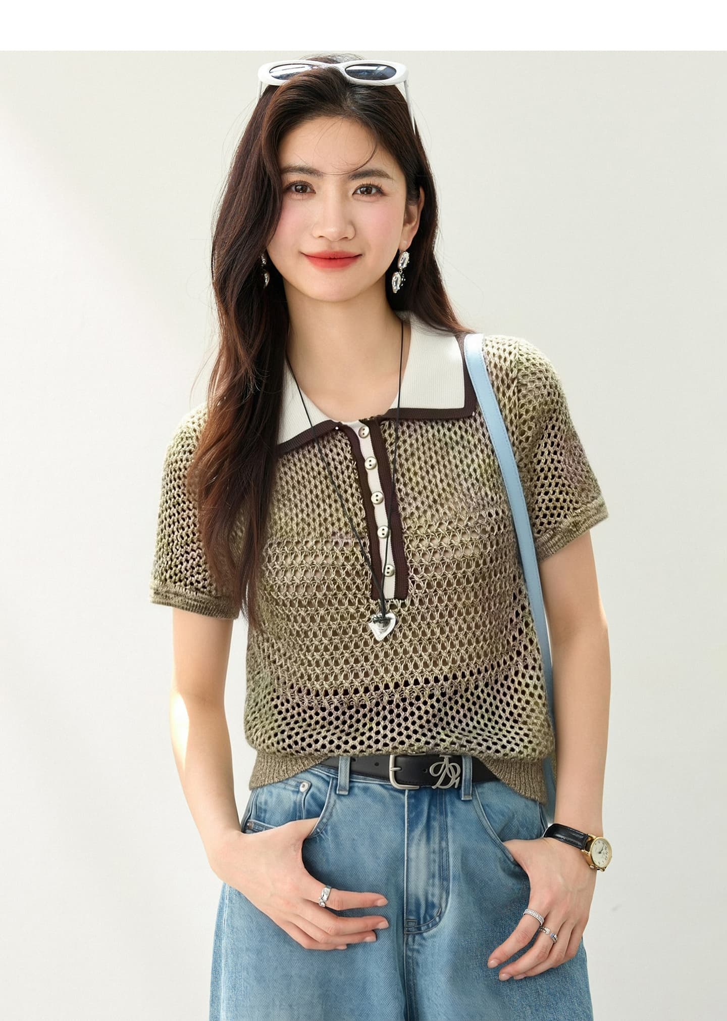 실사 있음 2026 오래된 돈 바람 레트로 배색 POLO 칼라 반팔 여성 품격 슬림해 보이는 몸매 가꾸기 홀로우 아웃 맨위 상세 이미지 5