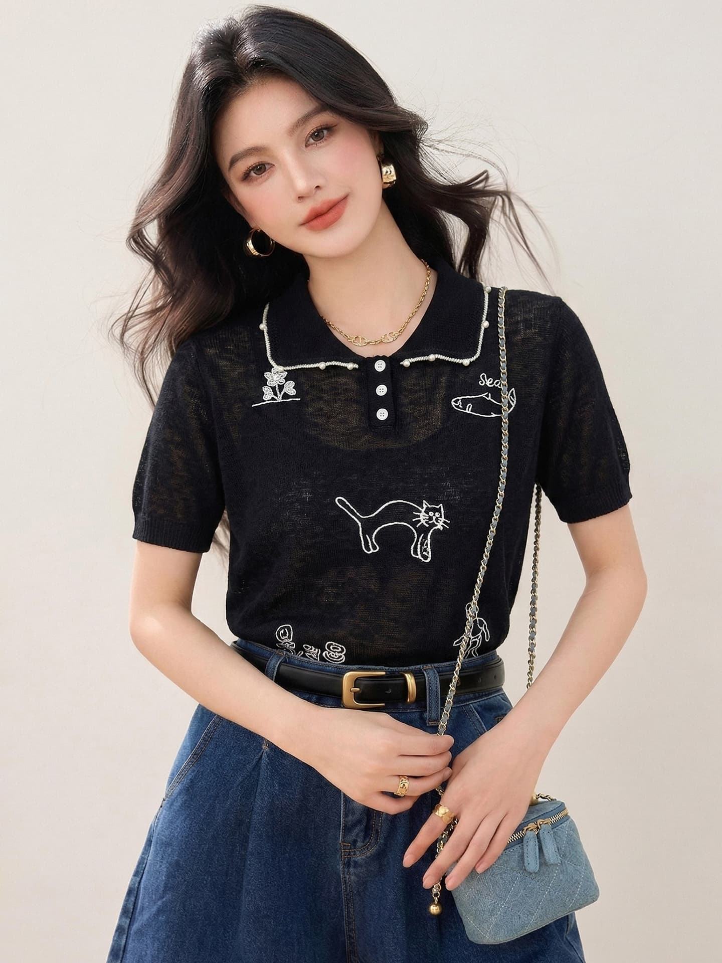 실사 있음 한 부서 달콤함 베이비 칼라 민소매 니트 맨위 여름 연령 감소 슬림해 보이는 쇼트 스타일 새끼 고양이 자수