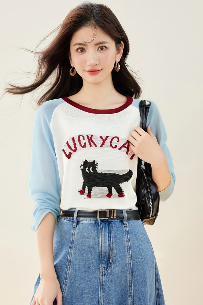 파란색 삽입 어깨 새끼 고양이 긴팔 얇은 스타일 자외선 차단 블라우스 티셔츠 여성 새로운 2026 초여름 이미지 2