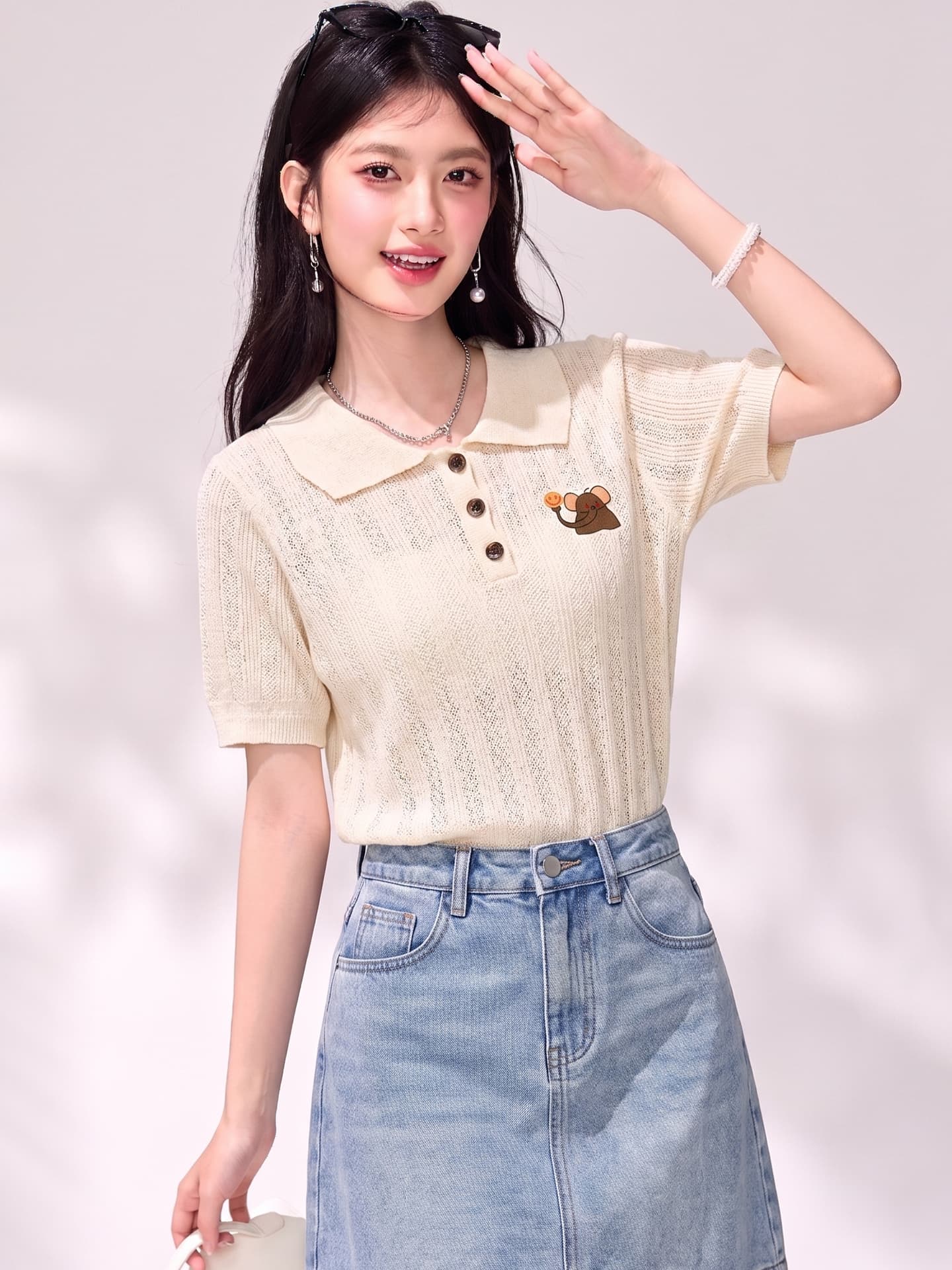 있음 2026 여름 새로운 polo 폴로 칼라 아기 코끼리 프린트 긍정적 인 어깨 반팔 티셔츠 여성 고유 한 아름다운 ~ 중 맨위 이미지 3