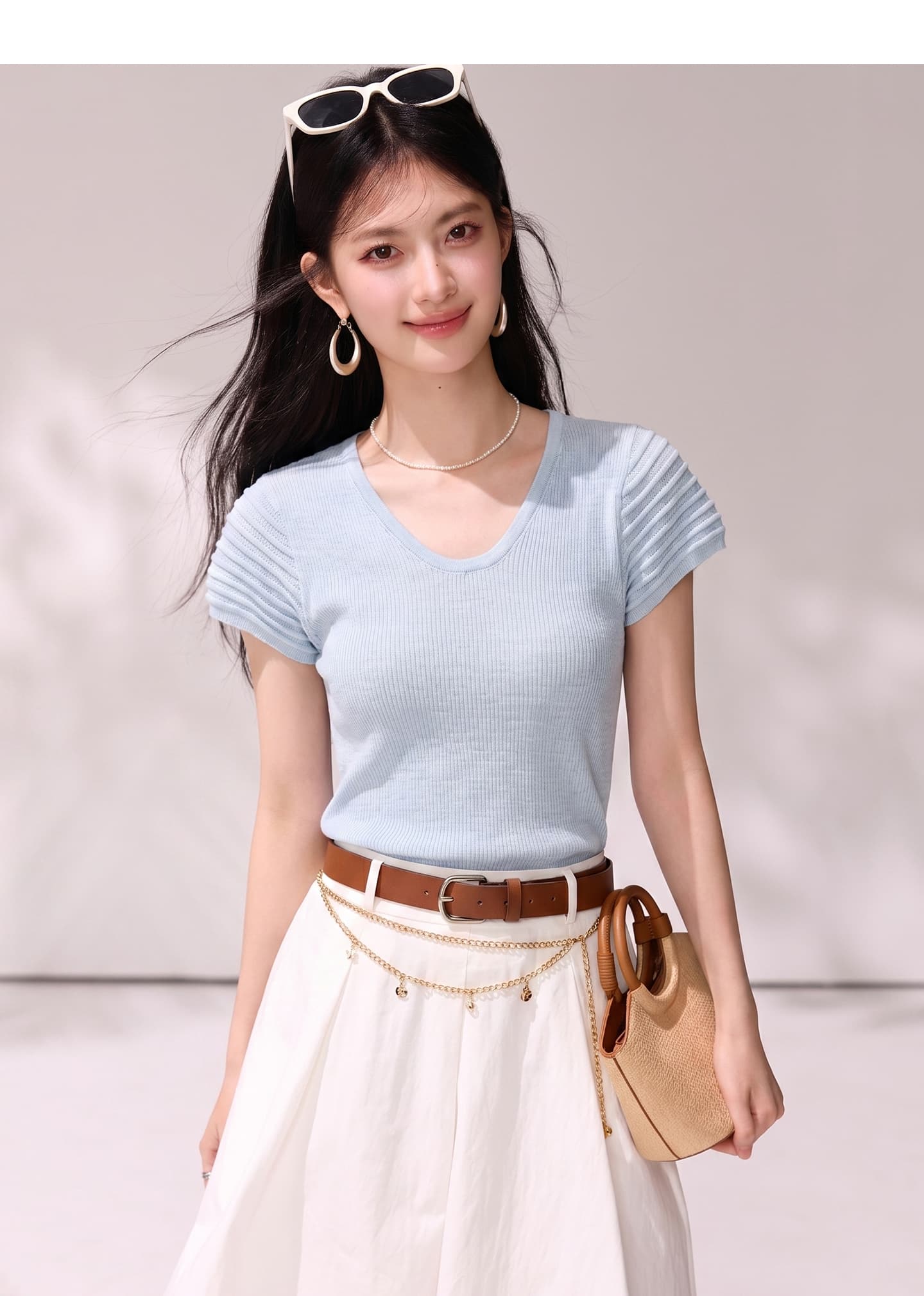 실사 있음 2026 여름 빛 프랑스식 홀로우 아웃 소매 u 칼라 반팔 니트 스웨터 몸매 가꾸기 슬림해 보이는 맨위 작은 셔츠 상세 이미지 4