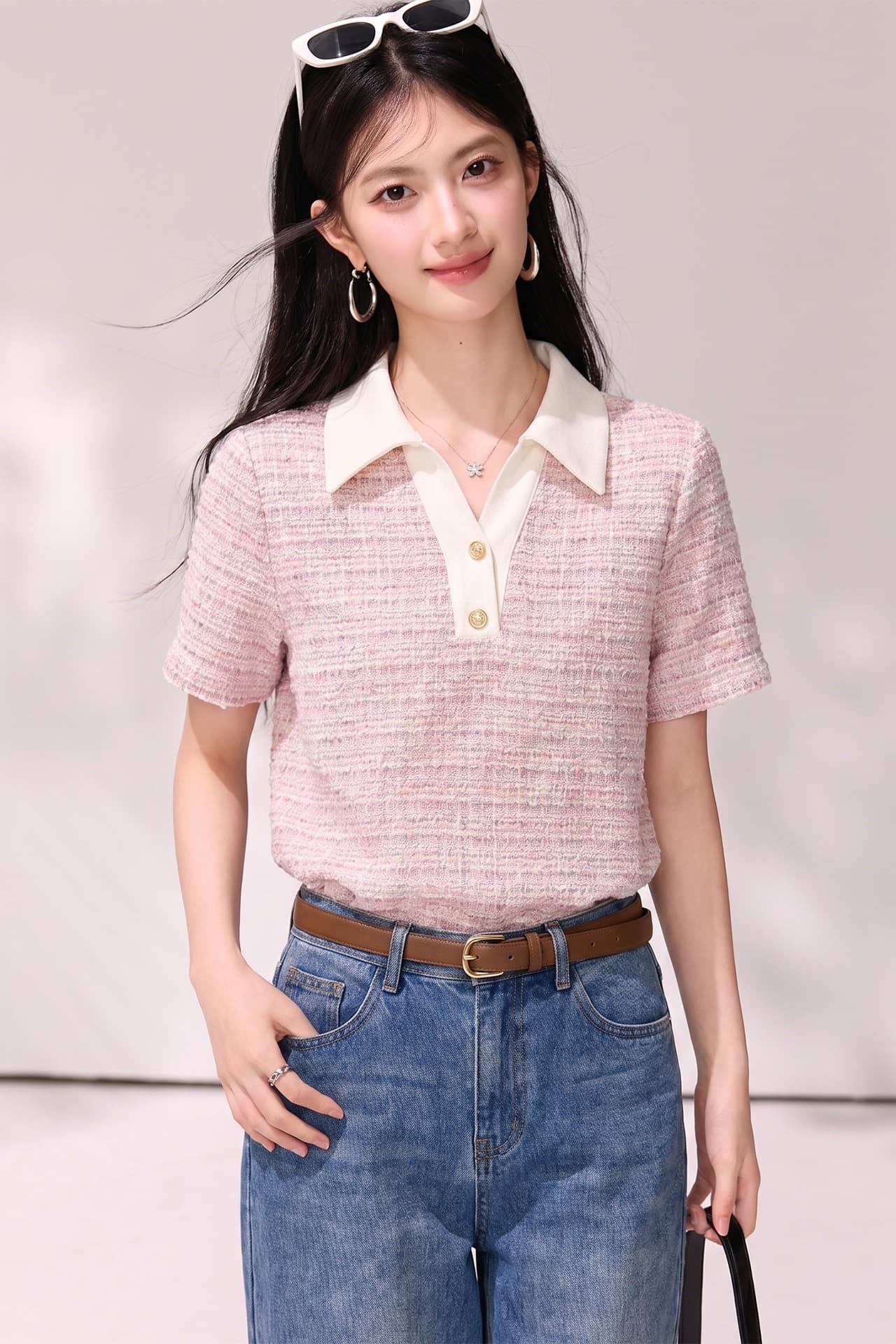 2026 여름 배색 작은 샤넬 스타일 POLO 칼라 티셔츠 루즈핏 V넥 품격 연령 감소 폴로 칼라 슬림해 보이는 맨위 이미지 7