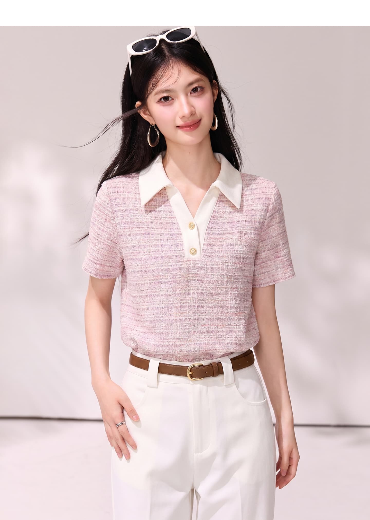 2026 여름 배색 작은 샤넬 스타일 POLO 칼라 티셔츠 루즈핏 V넥 품격 연령 감소 폴로 칼라 슬림해 보이는 맨위 상세 이미지 4