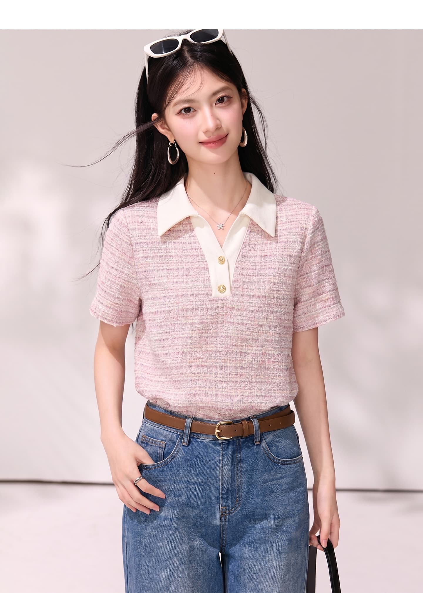 2026 여름 배색 작은 샤넬 스타일 POLO 칼라 티셔츠 루즈핏 V넥 품격 연령 감소 폴로 칼라 슬림해 보이는 맨위 상세 이미지 5
