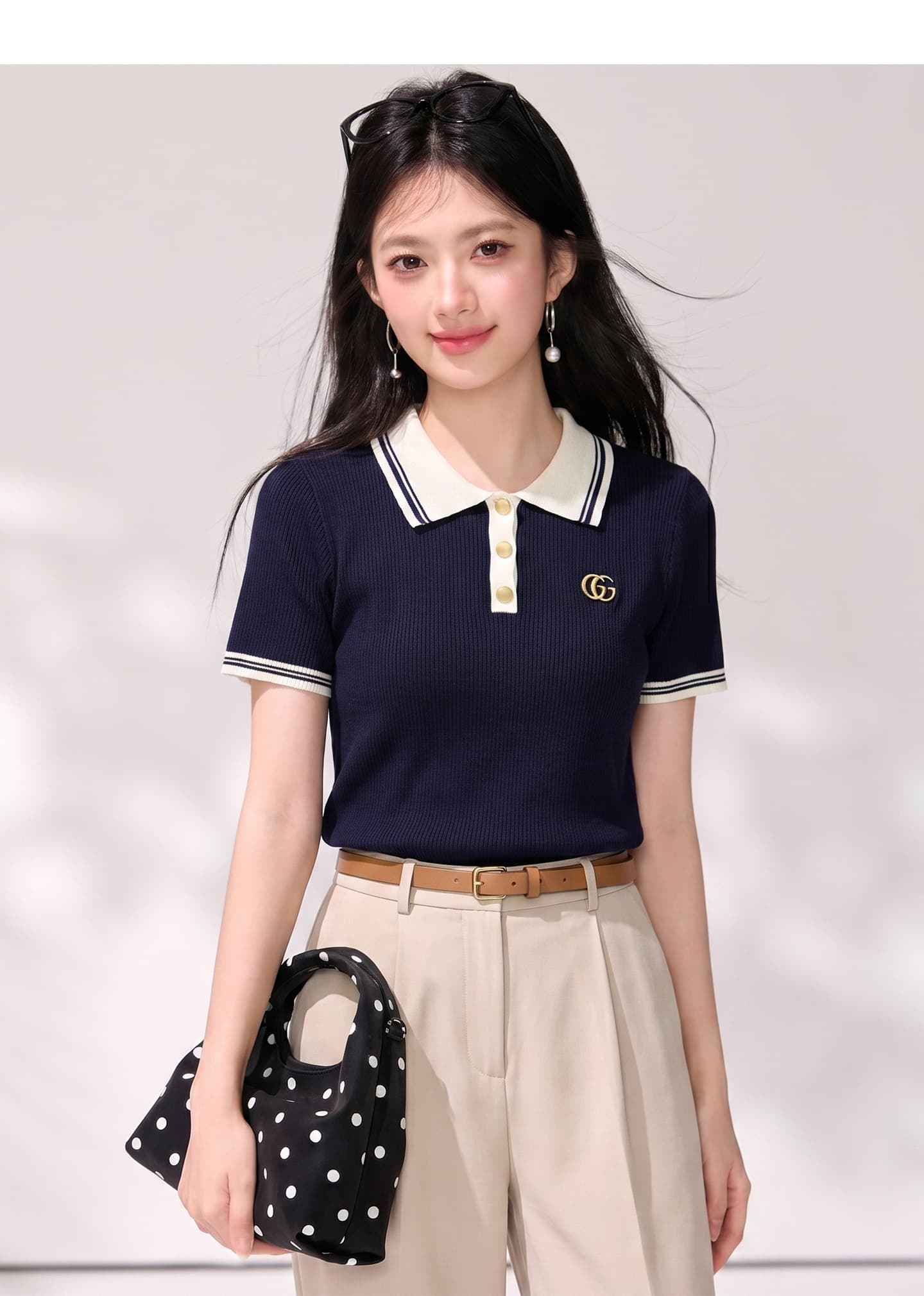 실사 있음 2026 여름 배색 POLO 칼라 자수 반팔 여성 다용도 캐주얼 다용도 외국 가스 맨위 상세 이미지 5