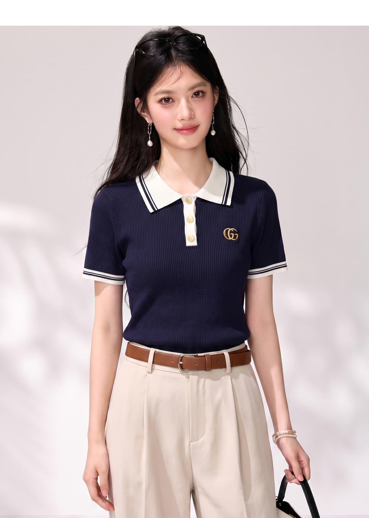실사 있음 2026 여름 배색 POLO 칼라 자수 반팔 여성 다용도 캐주얼 다용도 외국 가스 맨위 상세 이미지 6