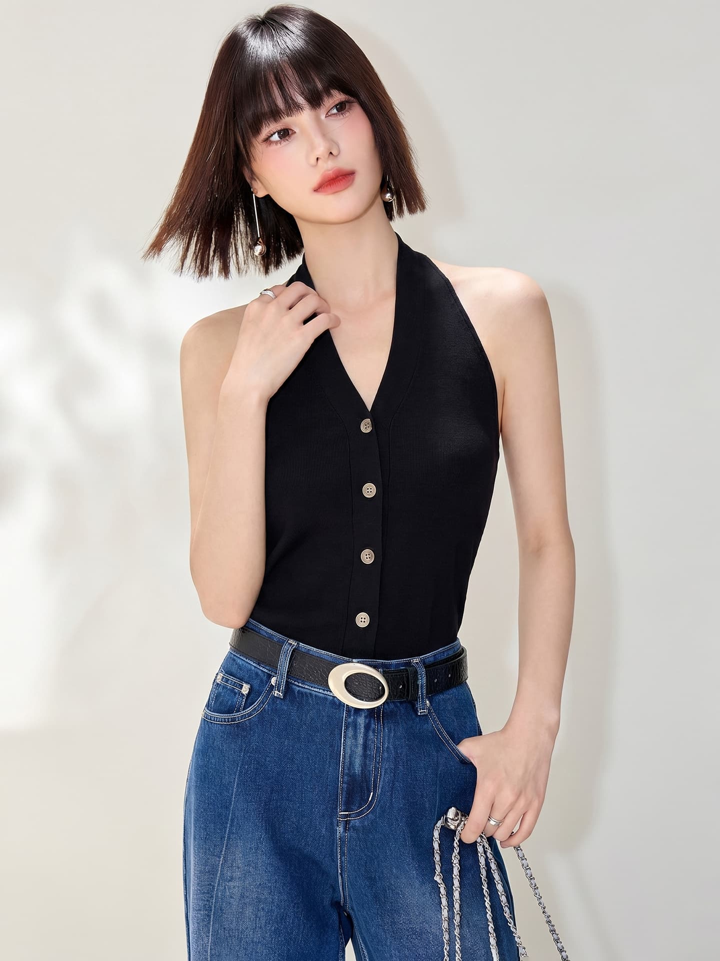 2026 디자인 센스 행침 목 민소매 니트 캐미솔 몸매 가꾸기 슬림해 보이는 외출용 핫걸 품격 맨위 이미지 3
