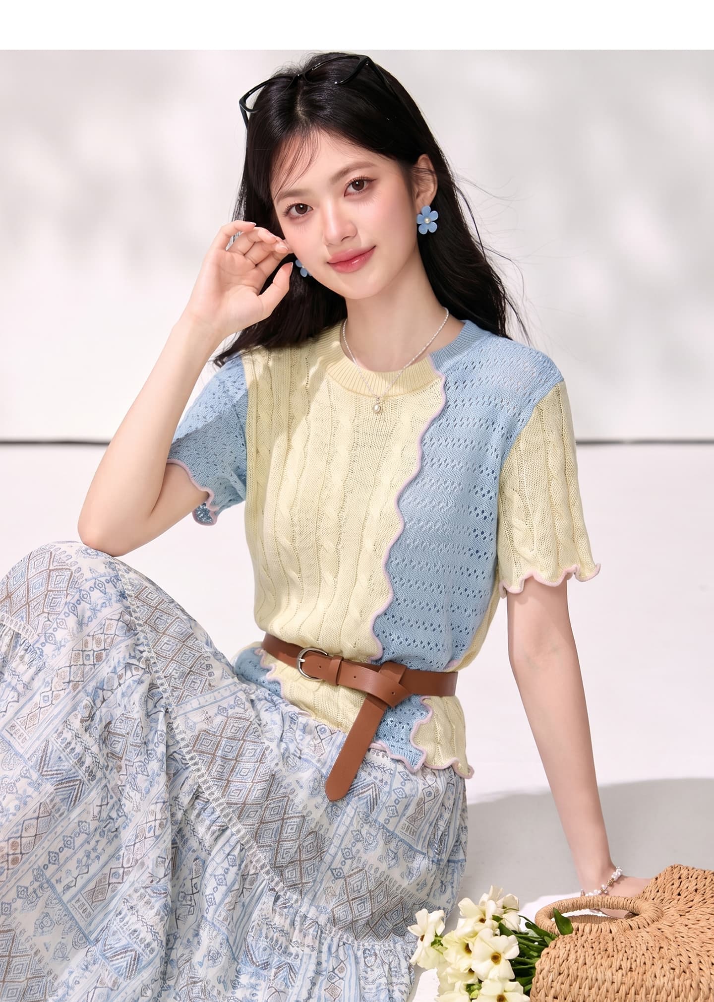 있음 2026 여름 레트로 항구 바람 홀로우 아웃 배색 패치워크 니트 스웨터 섹션 고급 센스 황색 상세 이미지 11