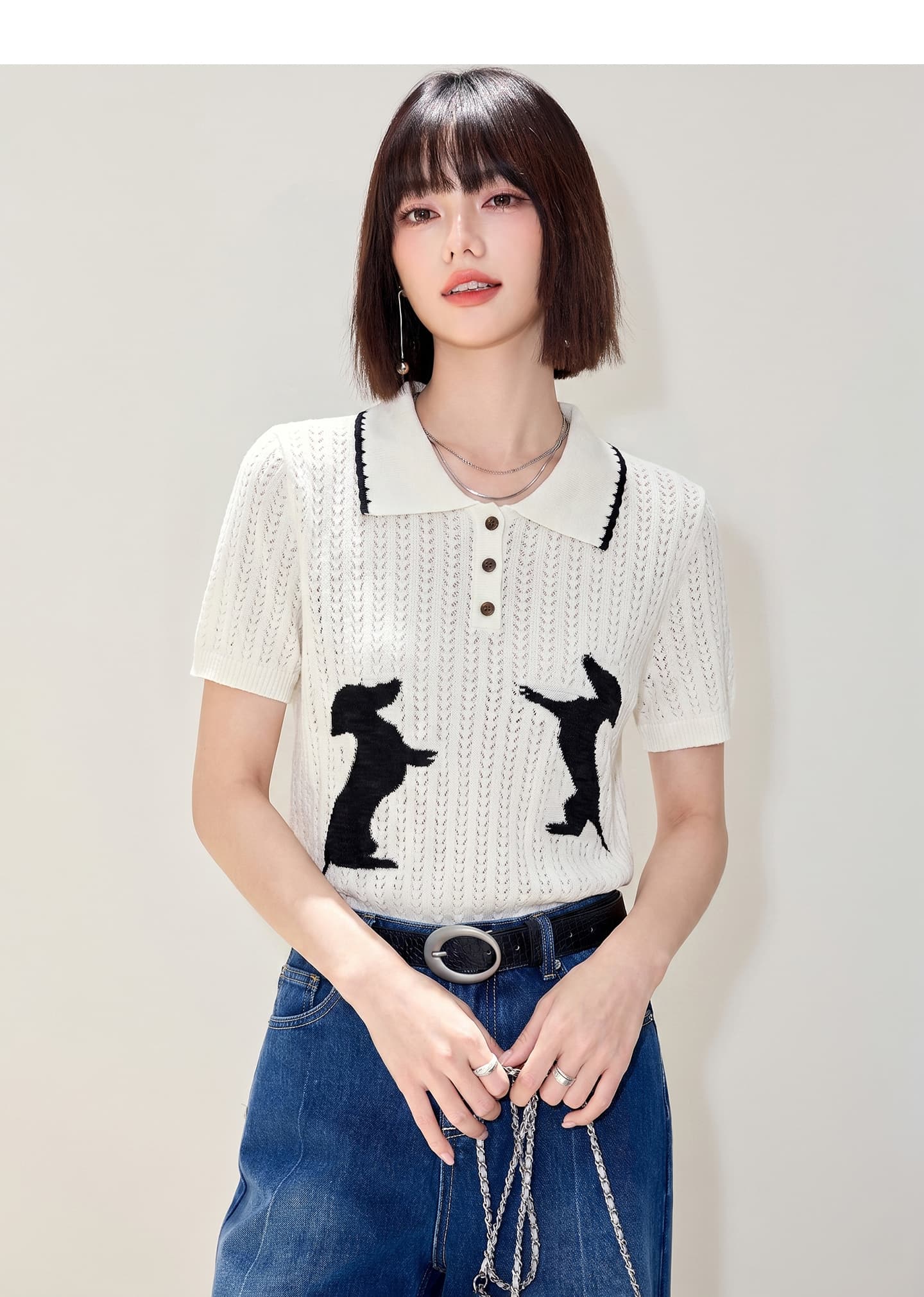 있음 2026 아메리칸 레트로 니트 반팔 여성 강아지 자카드 홀로우 아웃 POLO 셔츠 티셔츠 캐주얼 느긋한 맨위 상세 이미지 4