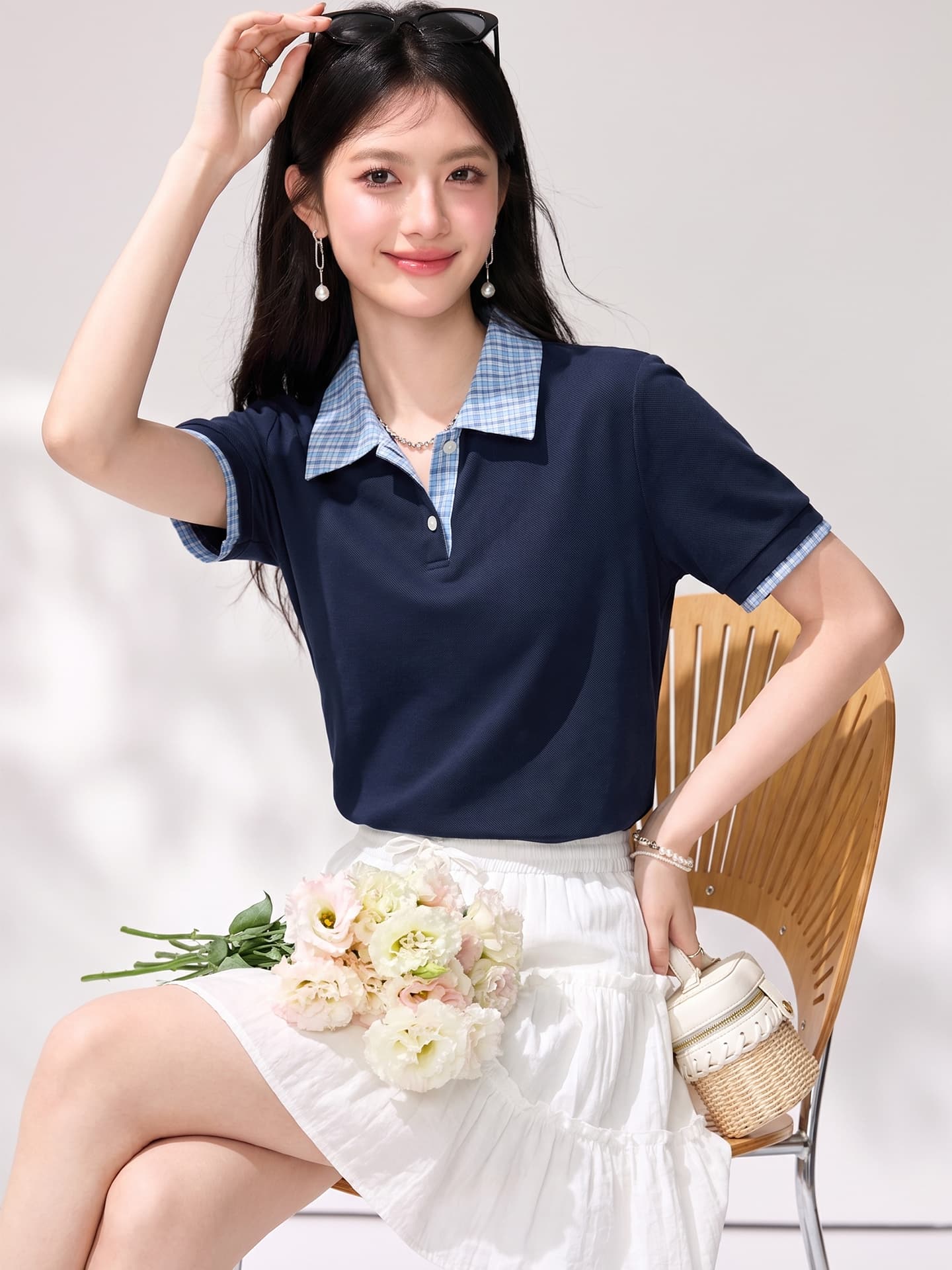 실사 2026 여름 반팔 티셔츠 여성 새로운 학원 스타일 헨리 셔츠 칼라 페이크 레이어드 캐주얼 티셔츠 맨위 이미지 2