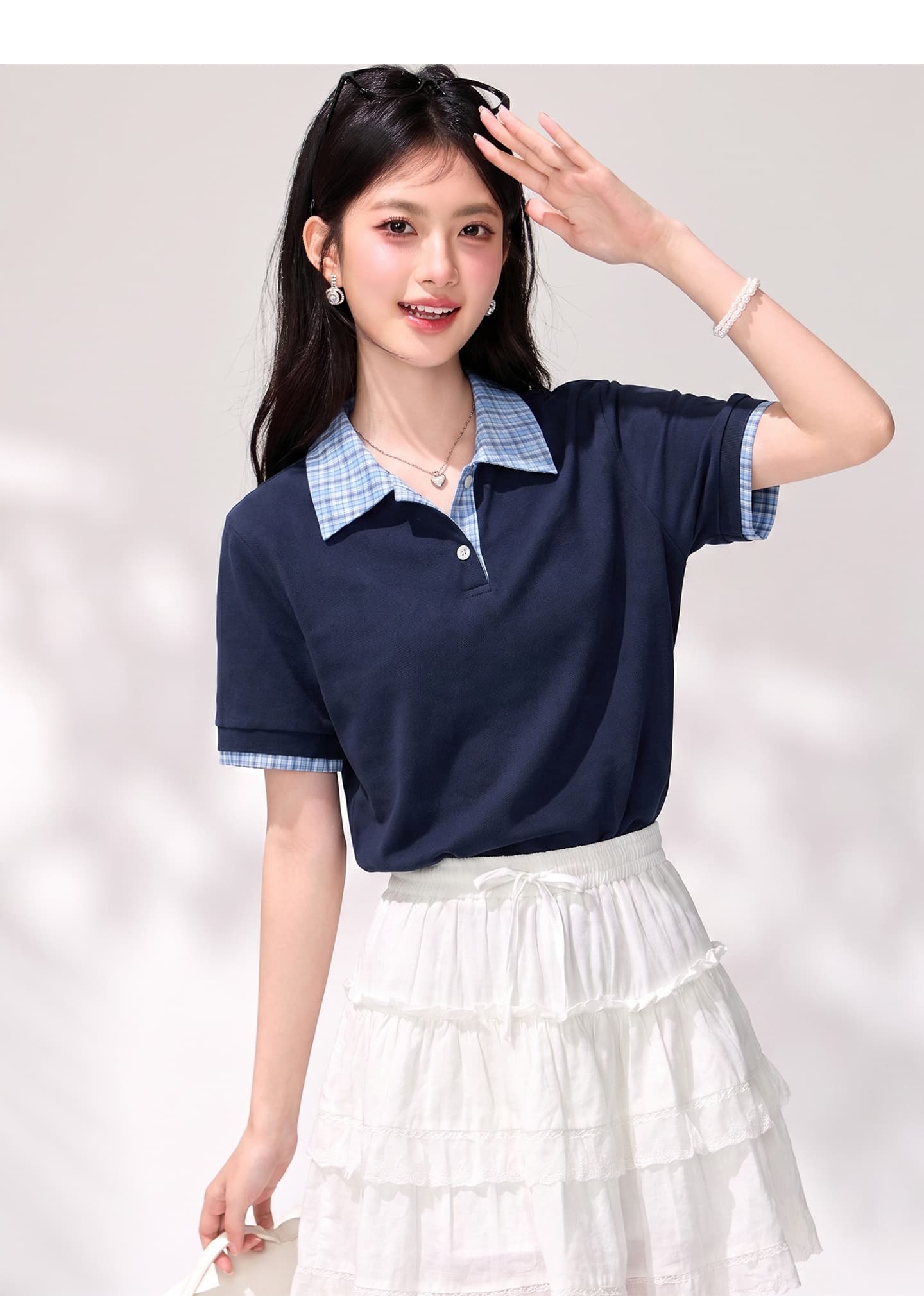실사 2026 여름 반팔 티셔츠 여성 새로운 학원 스타일 헨리 셔츠 칼라 페이크 레이어드 캐주얼 티셔츠 맨위 상세 이미지 7