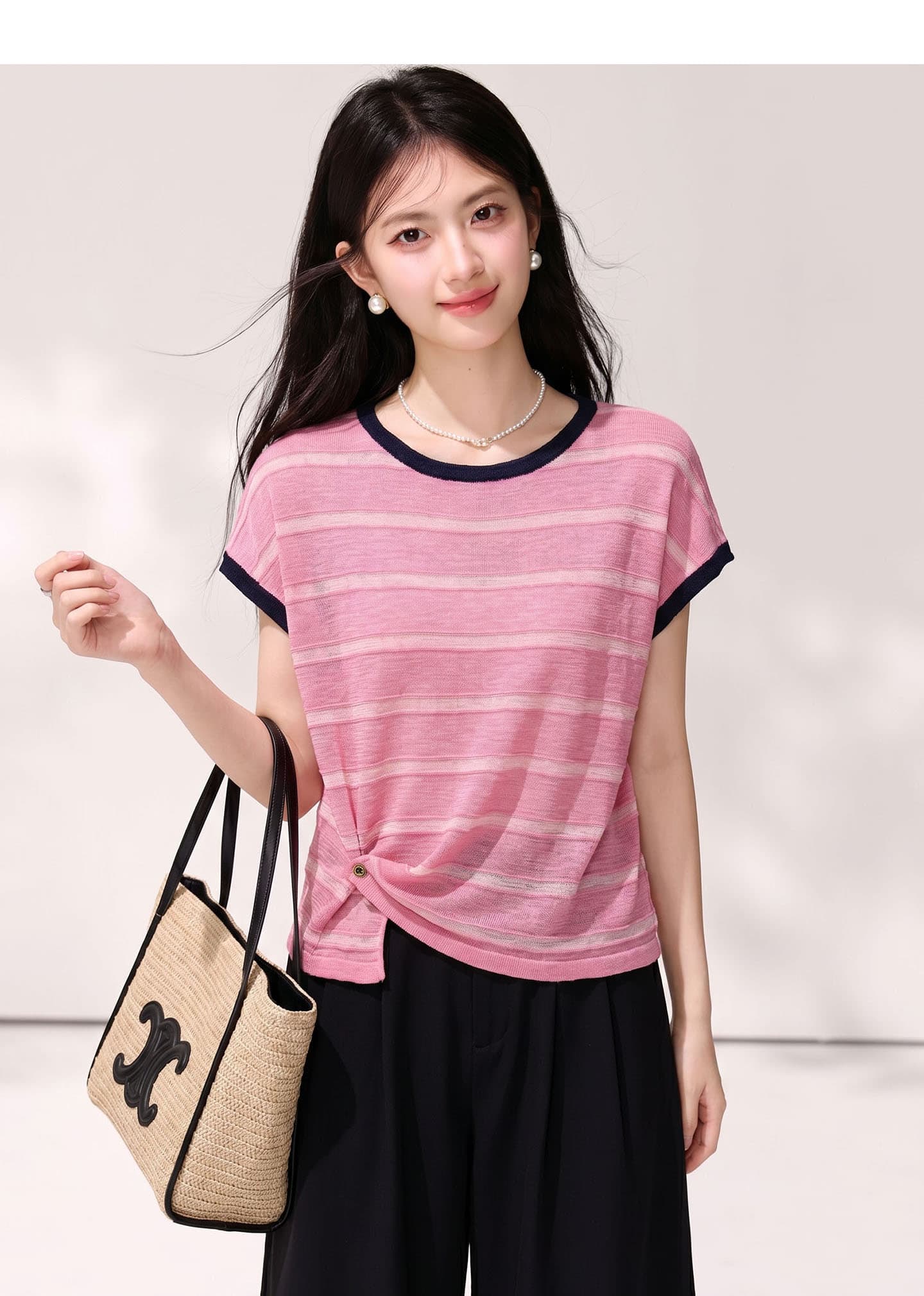 디자인 센스 밑단 트임 비스듬한 버클 Feifei 소매 짠 셔츠 여성 2026 새로운 여름 얇은 스타일 스트라이프 반팔 맨위 상세 이미지 7