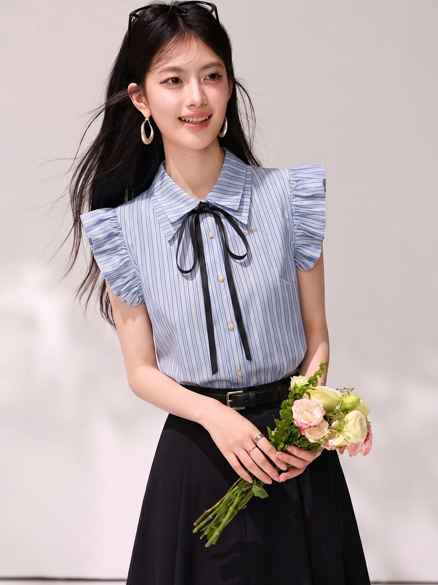 학원 스타일 스트라이프 Feifei 소매 여성 셔츠 새로운 2026 여름 POLO 칼라 나비 넥타이 셔츠 이미지 3