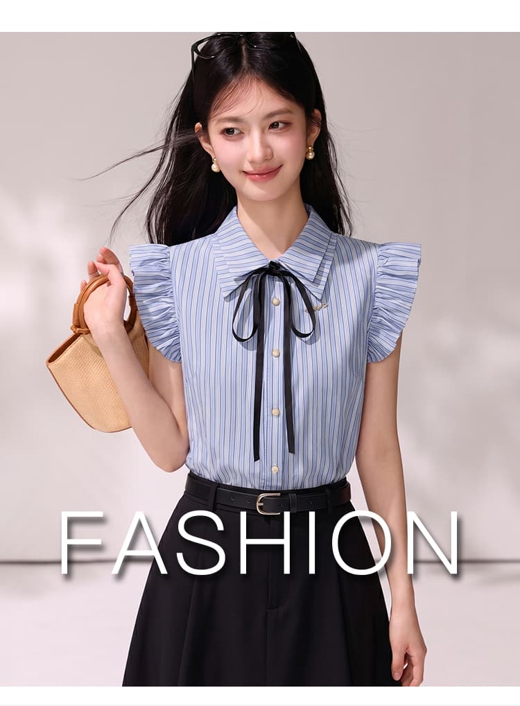 학원 스타일 스트라이프 Feifei 소매 여성 셔츠 새로운 2026 여름 POLO 칼라 나비 넥타이 셔츠 상세 이미지 1