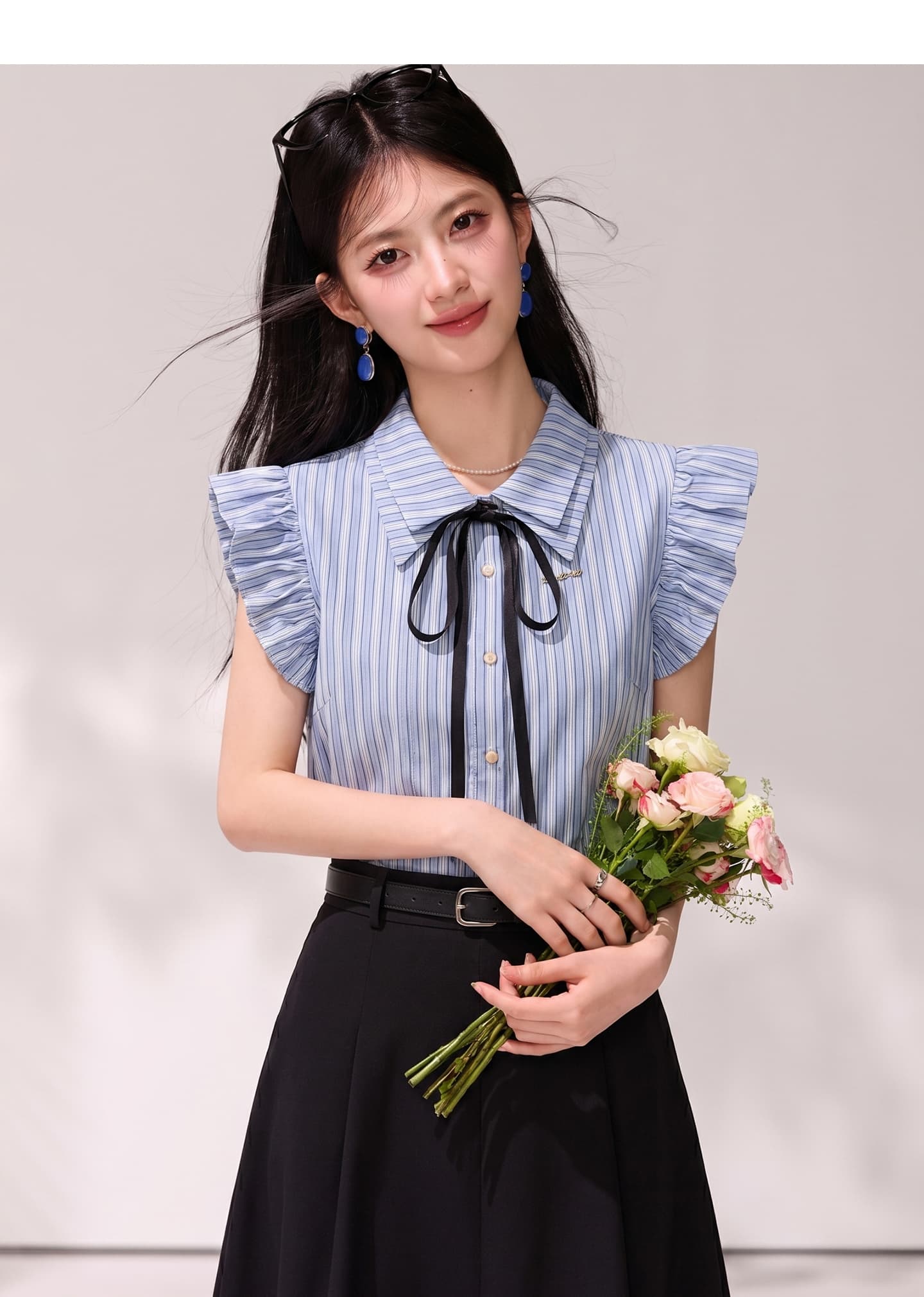 학원 스타일 스트라이프 Feifei 소매 여성 셔츠 새로운 2026 여름 POLO 칼라 나비 넥타이 셔츠 상세 이미지 4