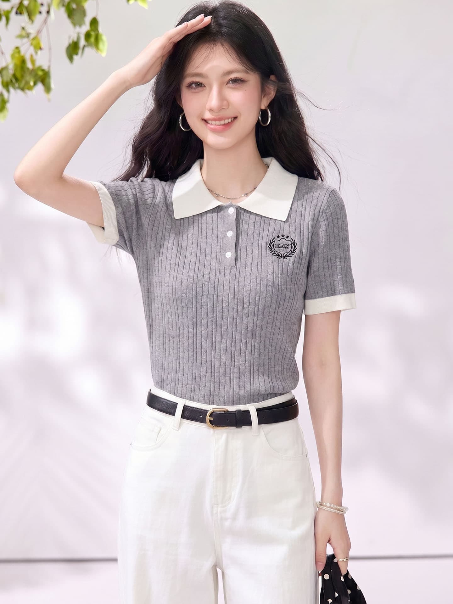 있음 2026 학원 스타일 POLO 칼라 얼음 실크 니트 반팔 여름 새로운 연령 감소 배색 고급 센스 다용도 맨위 이미지 4