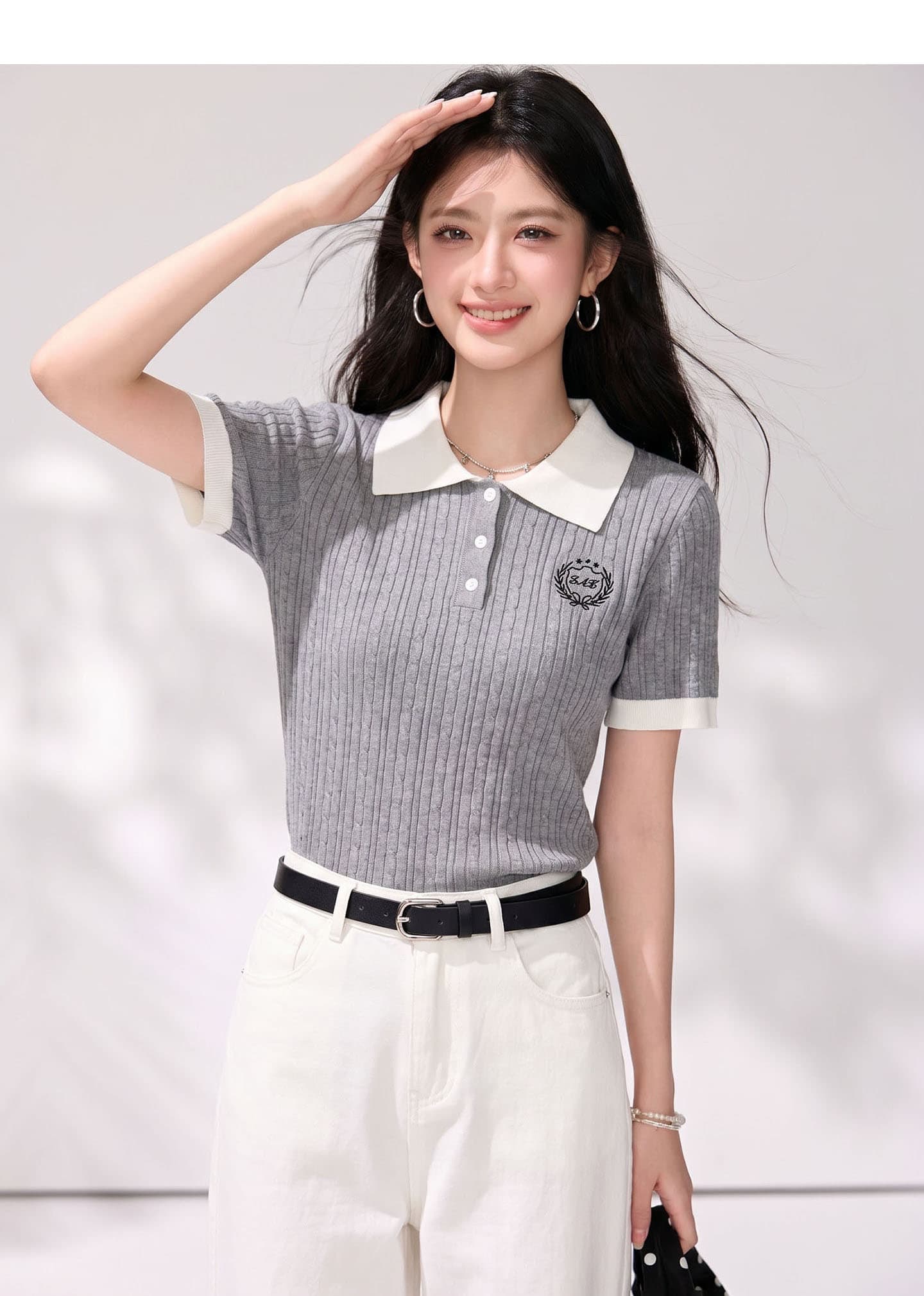 있음 2026 학원 스타일 POLO 칼라 얼음 실크 니트 반팔 여름 새로운 연령 감소 배색 고급 센스 다용도 맨위 상세 이미지 3