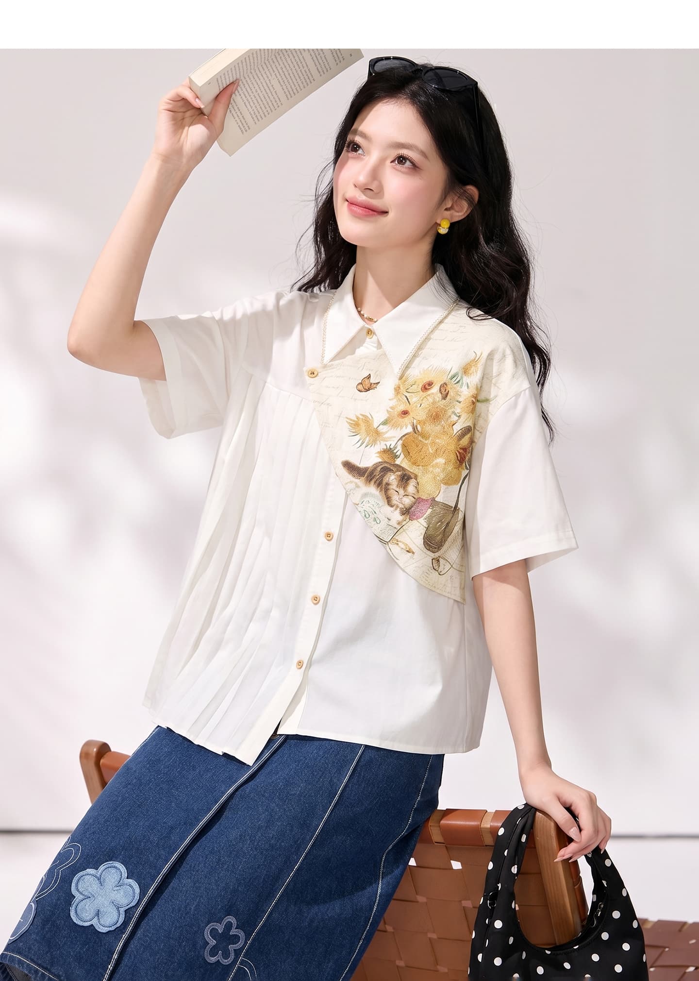 반 고흐 페이크 레이어드 여성 셔츠 2026 여름 새로운 디자인 센스 패치워크 화이트 셔츠 사진관 아침 빛 상세 이미지 6