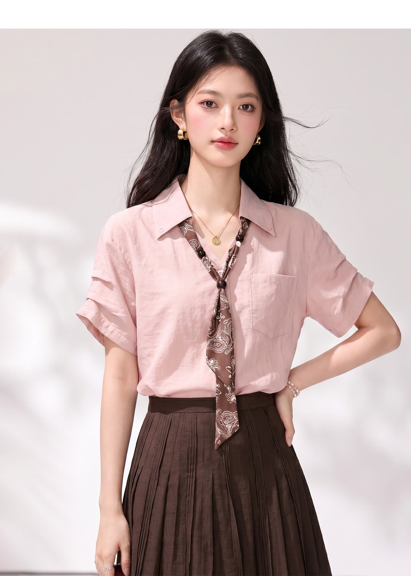 달콤한 스타일 핑크색 경기 스카프 반팔 여성 셔츠 여름 새로운 디자인 센스 작은 대중 루즈핏 캐주얼 맨위 상세 이미지 4