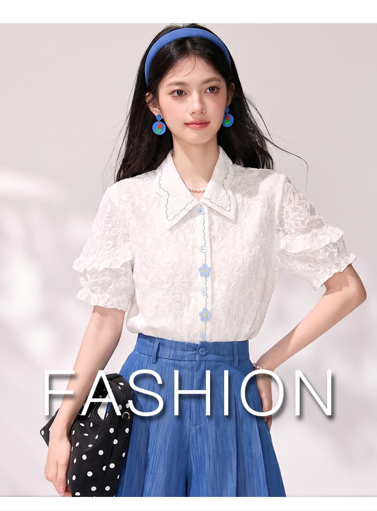 실사 2026 프랑스식 폴로 칼라 레이스 반팔 여성 셔츠 여름 새로운 절묘한 아름다운 3 차원 꽃 맨위 상세 이미지 1