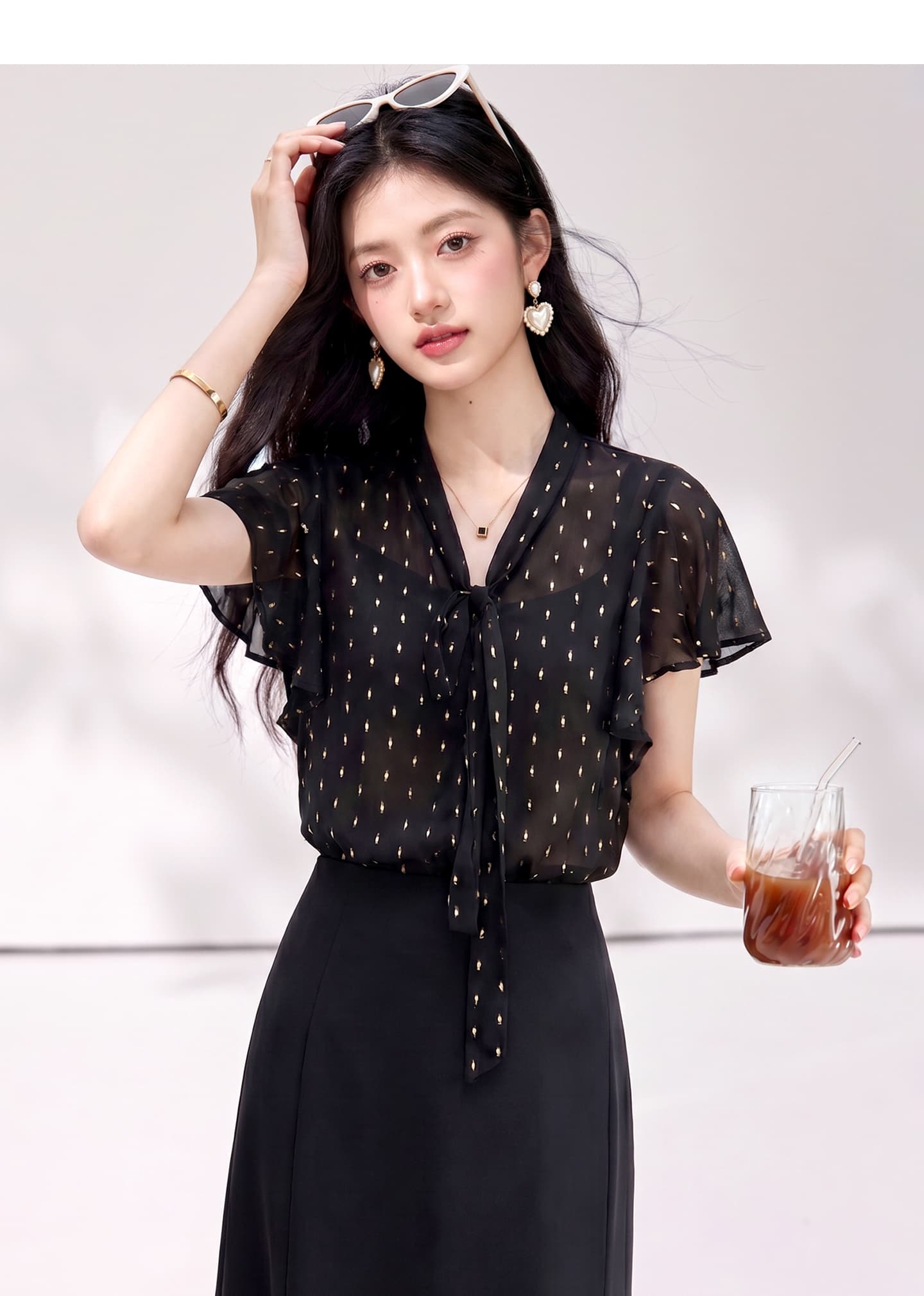 cocobella2026 년 여름 조용한 럭셔리 바람 자카드 직금 도트 무늬 사람들 실크 셔츠 리본 반팔 셔츠 상세 이미지 4