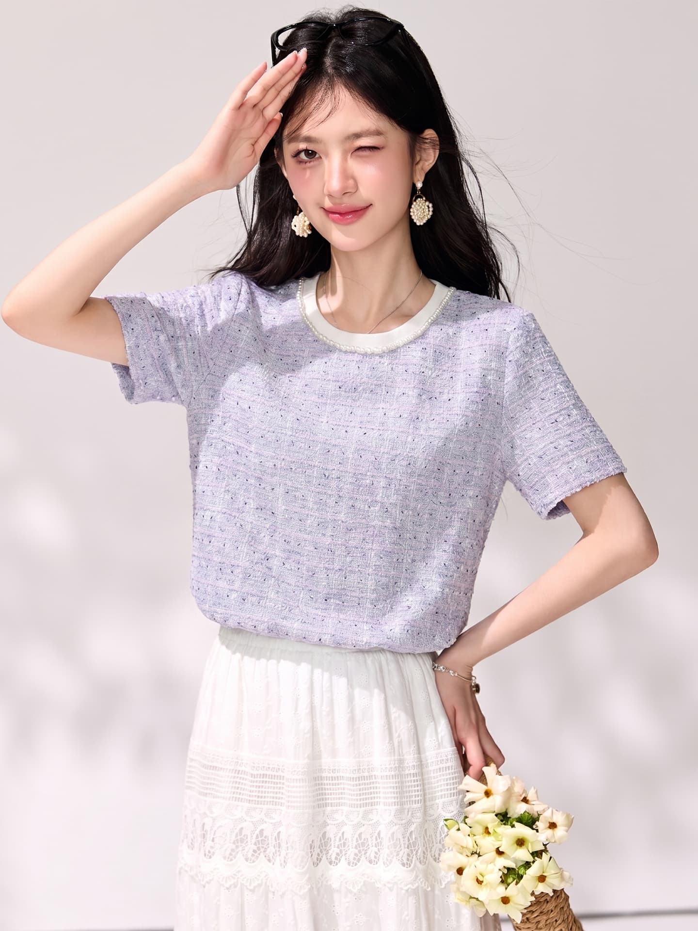 파란색 꿈 나라 라운드 넥 반팔 티셔츠 여성 여름 새로운 작은 샤넬 스타일 고유 한 Chic 맨위