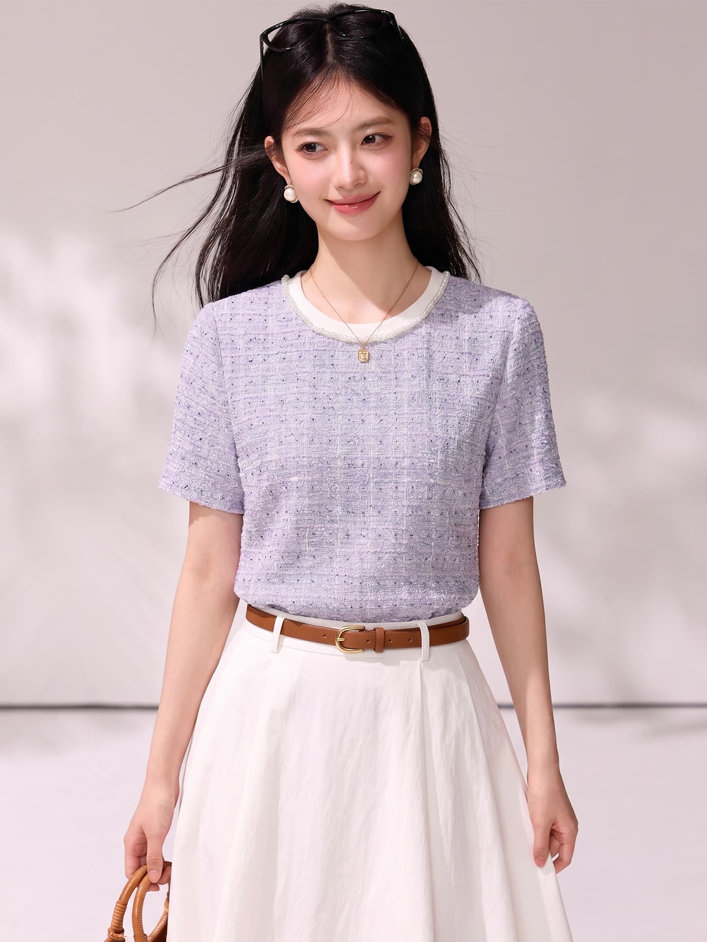파란색 꿈 나라 라운드 넥 반팔 티셔츠 여성 여름 새로운 작은 샤넬 스타일 고유 한 Chic 맨위 상세 이미지 4