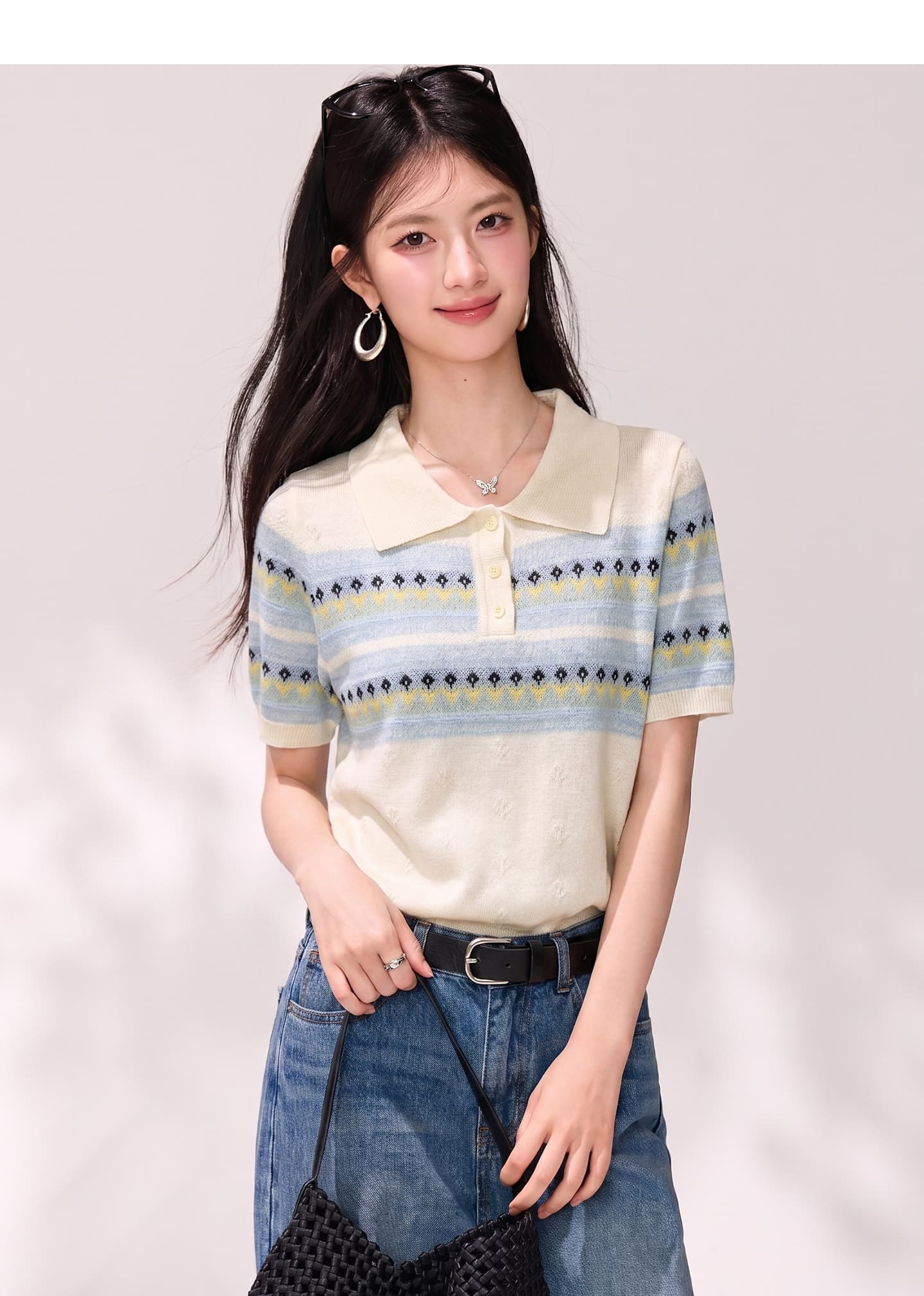 백 그림 패치워크 색상 자카드 니트 스웨터 여성용 짧은 소매 2026 년 여름 새로운 POLO 칼라 작은 셔츠 스웨터 상세 이미지 5