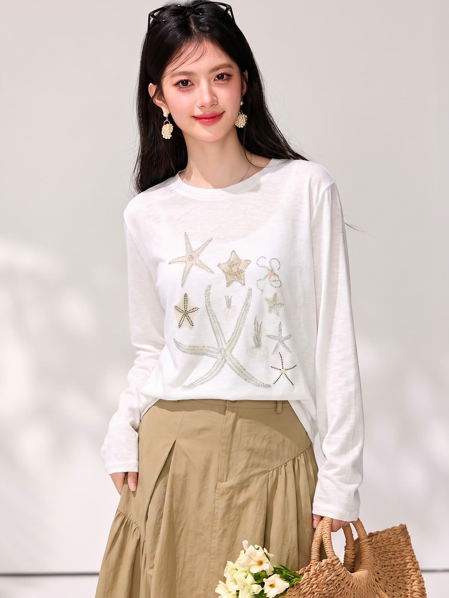 실사 럭키 불가사리 오리지널 새로운 긴팔 프린트 핫픽스 라운드 넥 티셔츠 화이트 루즈핏 캐주얼 느긋한 이미지 2