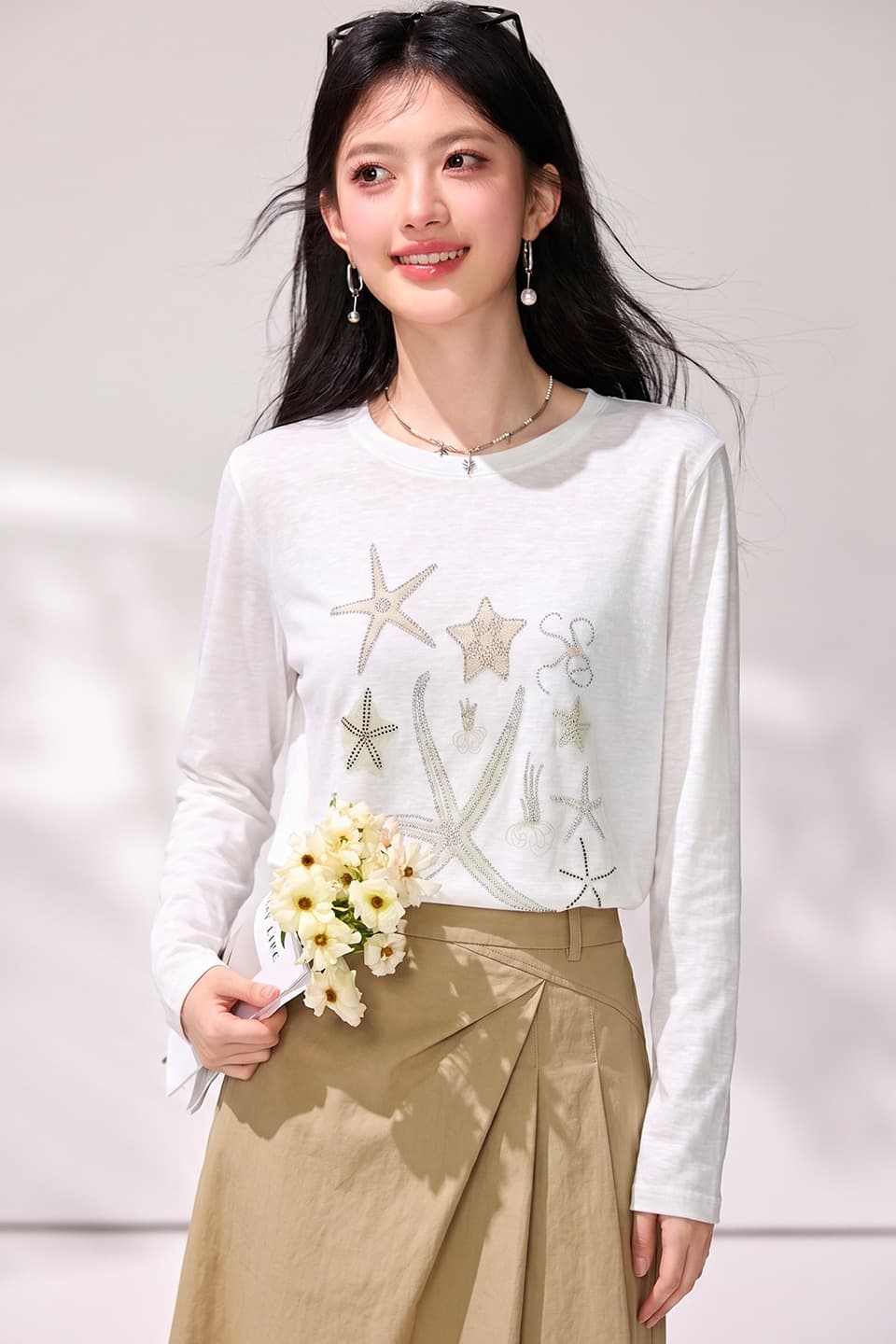 실사 럭키 불가사리 오리지널 새로운 긴팔 프린트 핫픽스 라운드 넥 티셔츠 화이트 루즈핏 캐주얼 느긋한 이미지 6